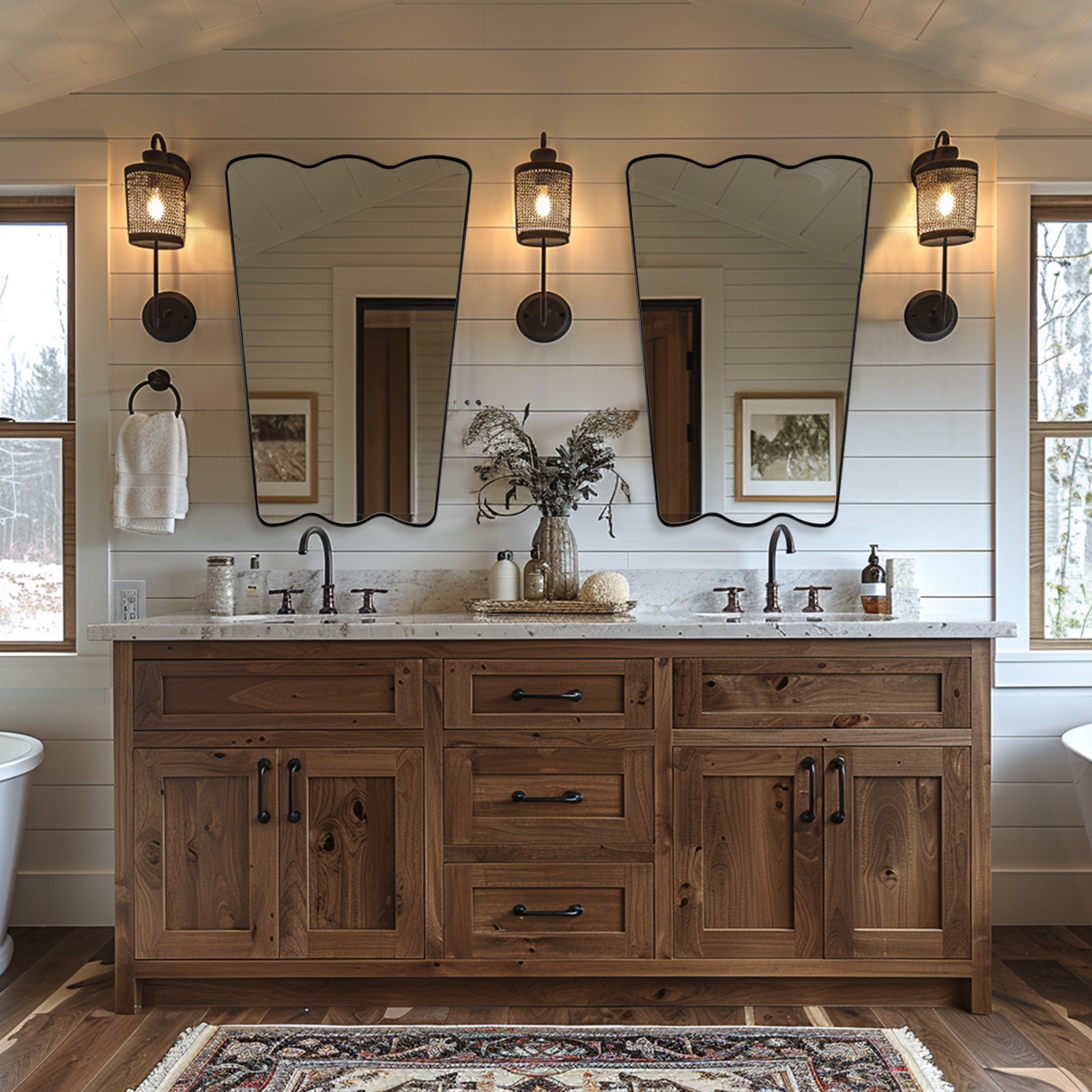 Contemporary Tapered Wavy Scalloped Bathroom Vanity Mirror | Stainless Steel Framed