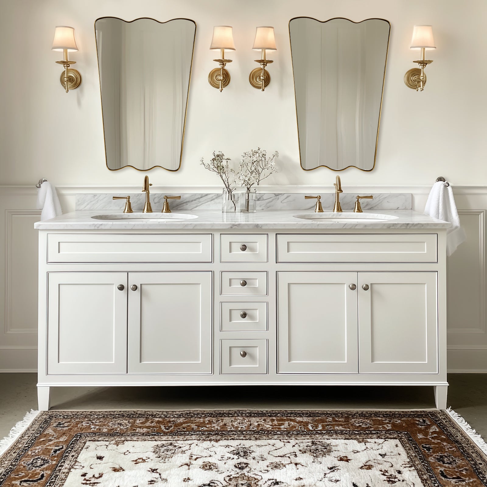 Contemporary Tapered Wavy Scalloped Bathroom Vanity Mirror | Stainless Steel Framed