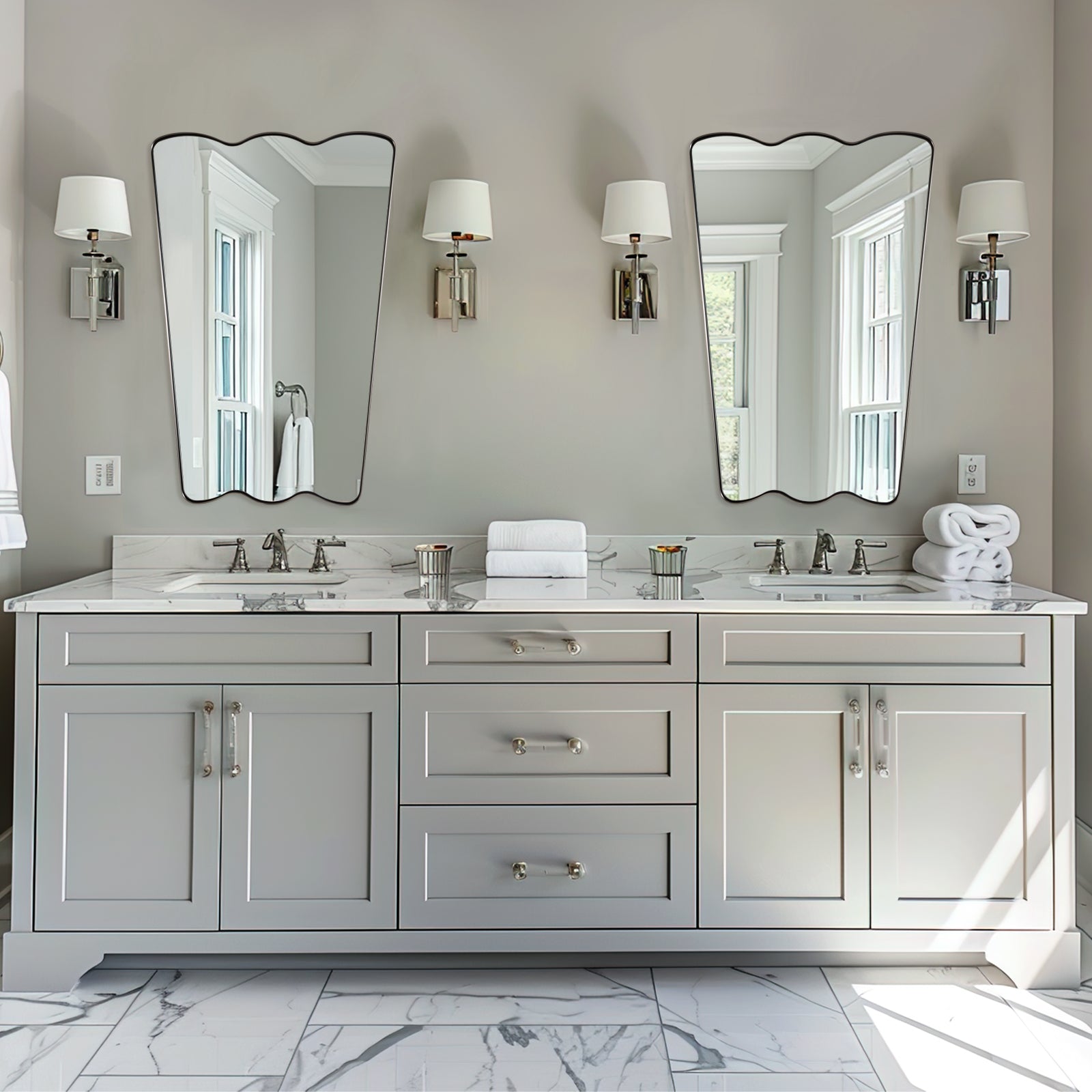 Contemporary Tapered Wavy Scalloped Bathroom Vanity Mirror | Stainless Steel Framed