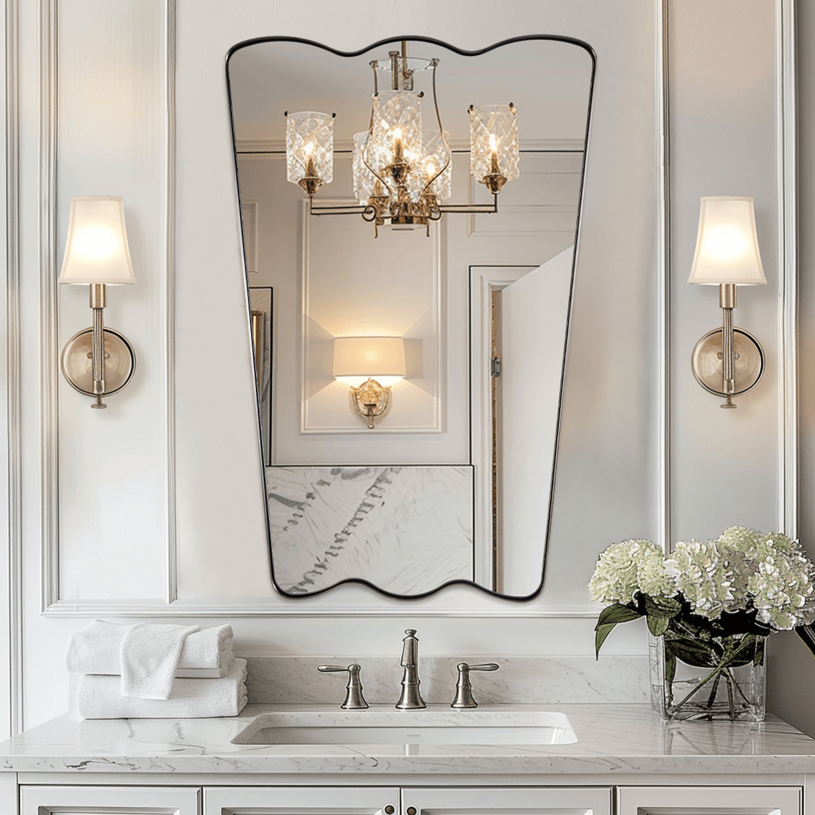 Contemporary Tapered Wavy Scalloped Bathroom Vanity Mirror | Stainless Steel Framed