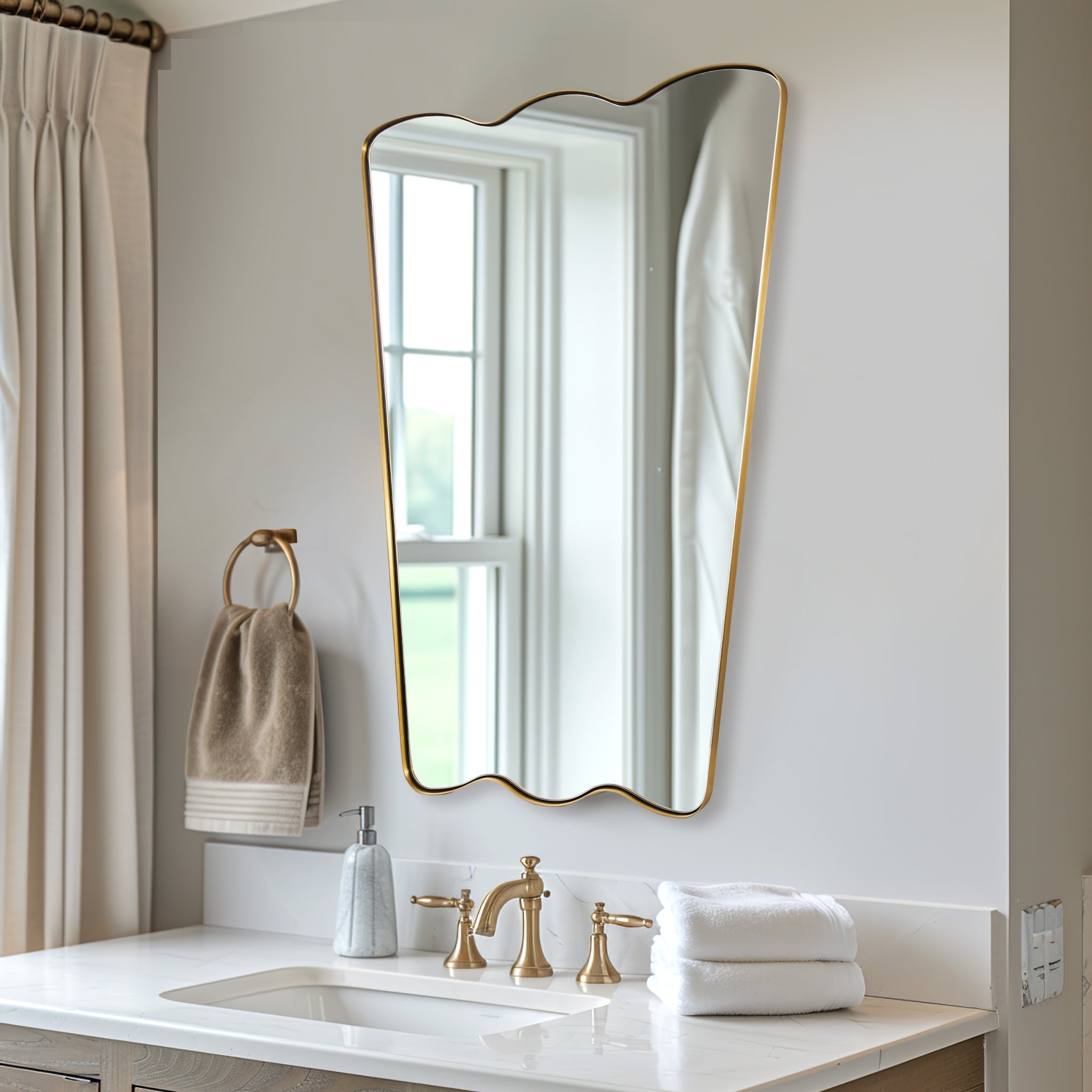 Contemporary Tapered Wavy Scalloped Bathroom Vanity Mirror | Stainless Steel Framed