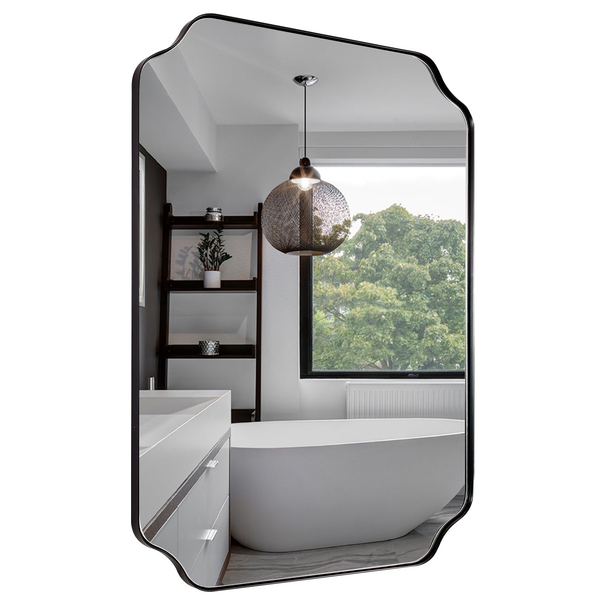 Contemporary Notched Corner Rectangle Scalloped Mirror for Wall /Bathroom | Stainless Steel Frame