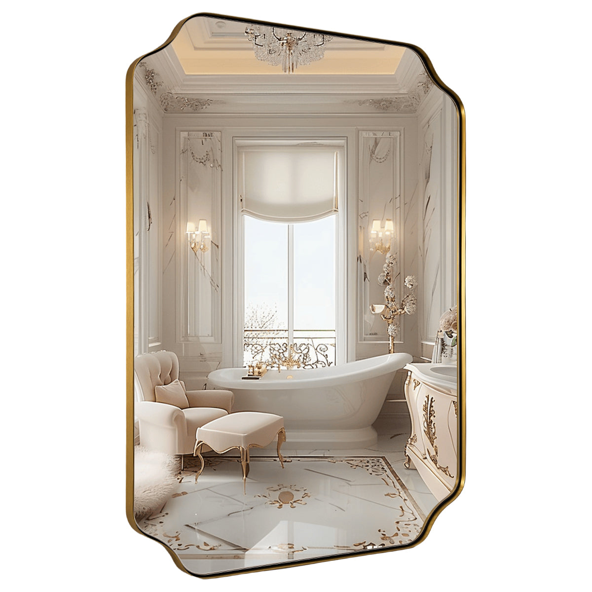 Contemporary Notched Corner Rectangle Scalloped Mirror for Wall /Bathroom | Stainless Steel Frame