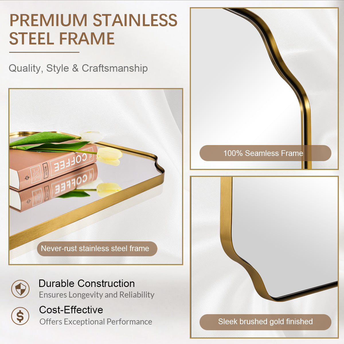 Open Box Like New:Notched Corner Irregular Scalloped Rectangle Mirrors | Stainless Steel Frame