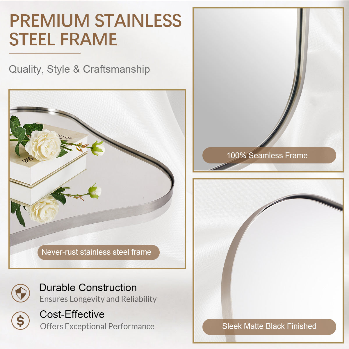 Contemporary Square Scalloped Bathroom Mirrors | 30Inch,Stainless Steel Framed