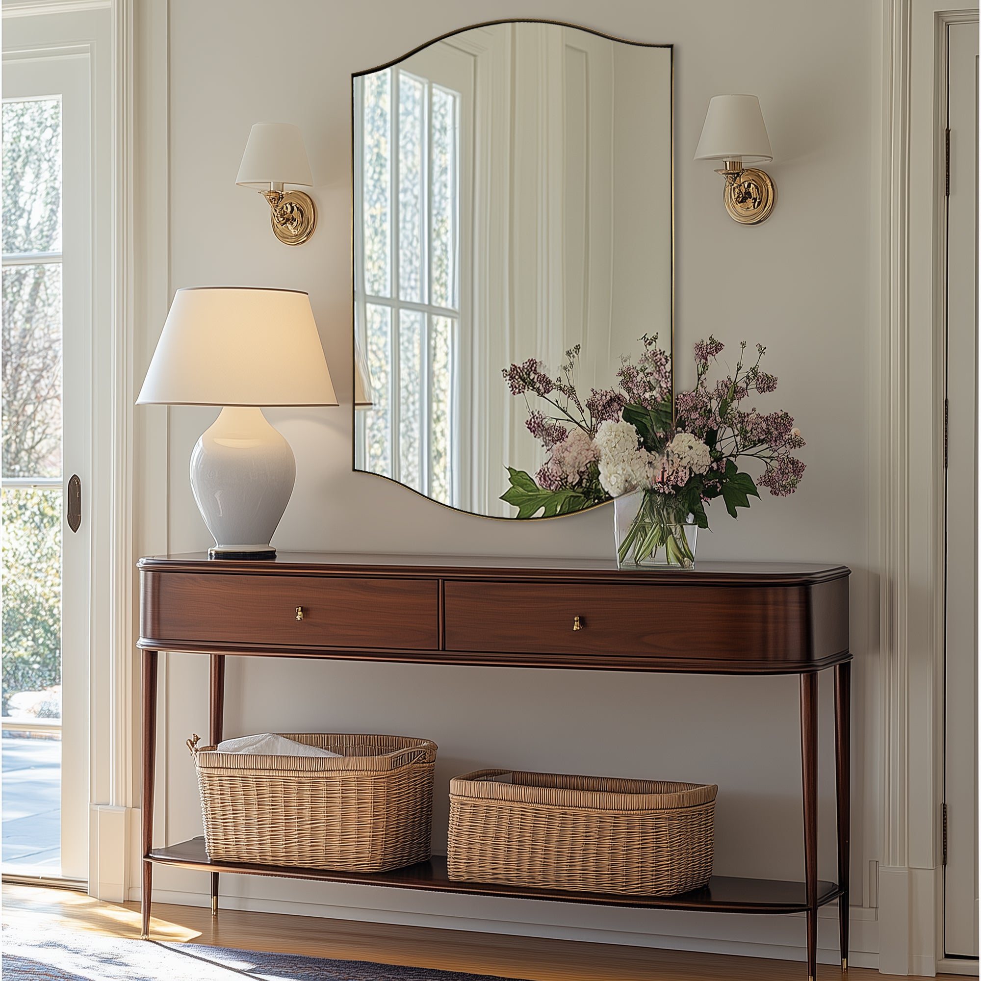 Dual Curve Arch Rectangular Scalloped Bathroom Wall Mirror |Stainless Steel Framed