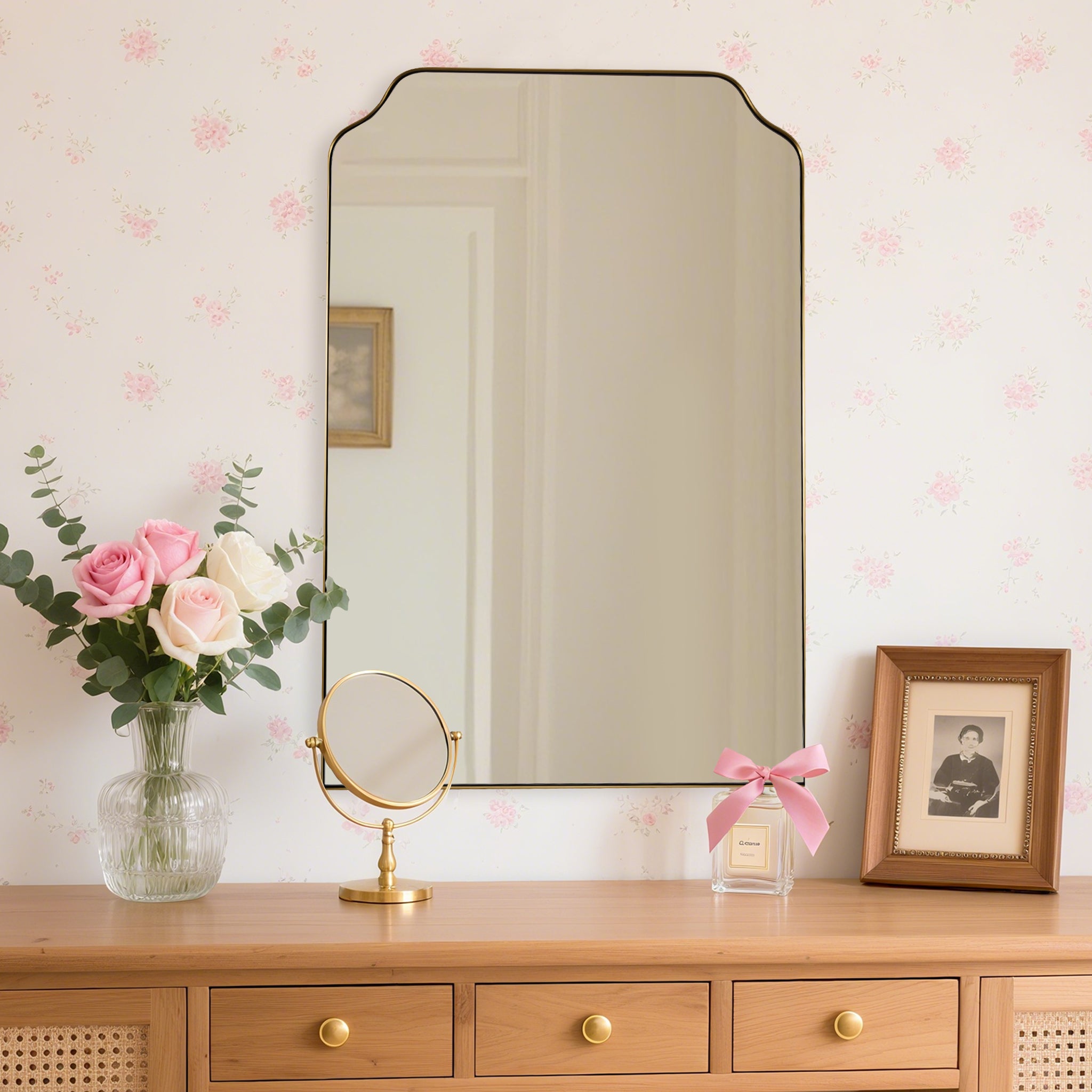 Modern Top Notched Corner Scalloped Bathroom Rectangle Vanity Wall Mirror | Stainless Steel Frame