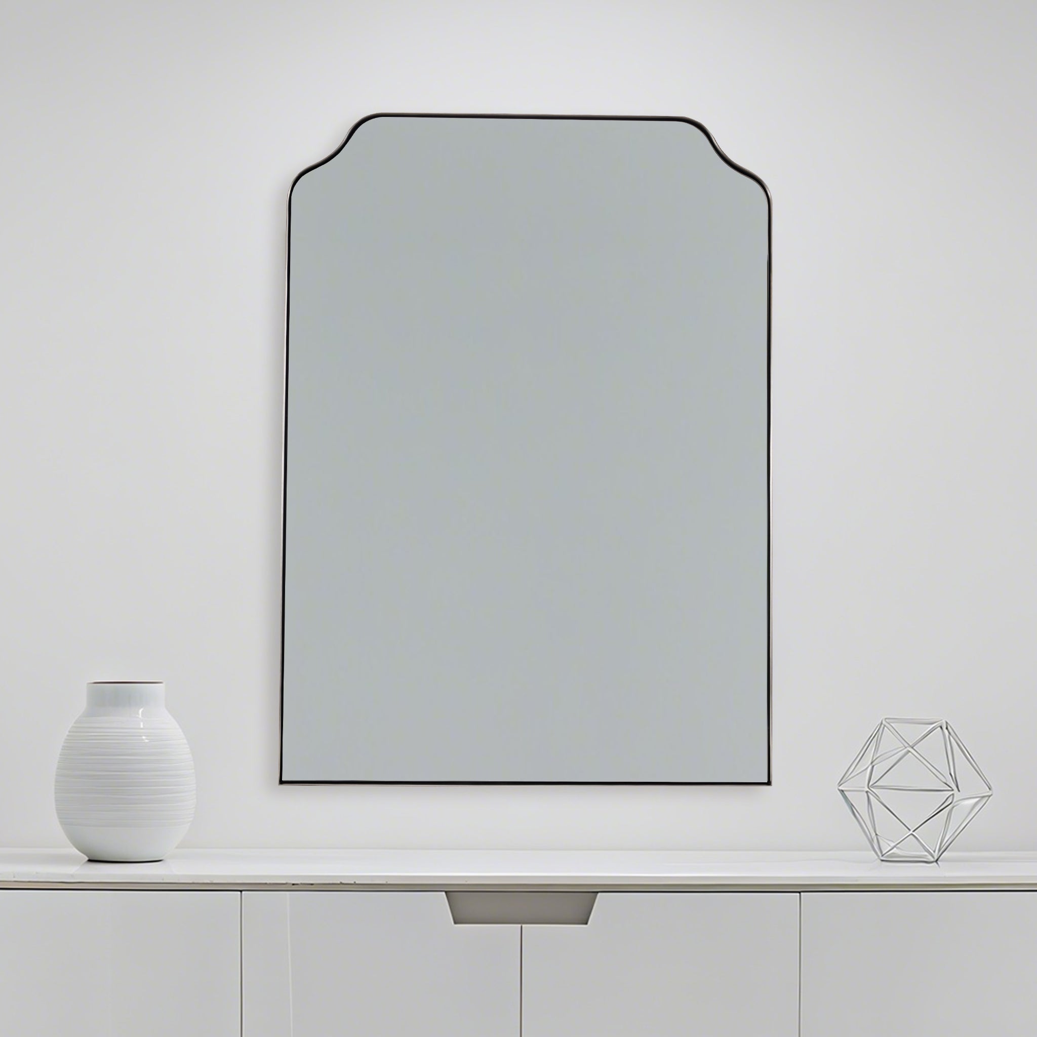 Modern Top Notched Corner Scalloped Bathroom Rectangle Vanity Wall Mirror | Stainless Steel Frame