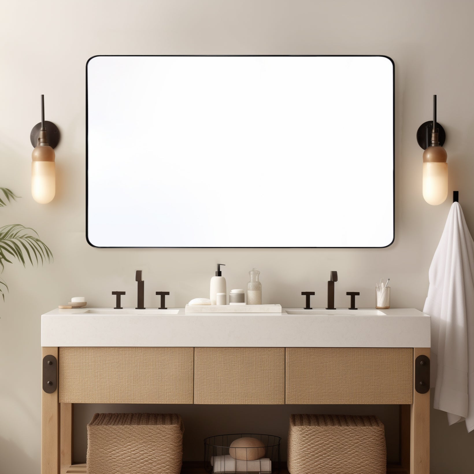 Open Box Like New : Modern Rounded Rectangle Mirror for Bathroom/ Vanity/ Wall | Stainless Steel Frame
