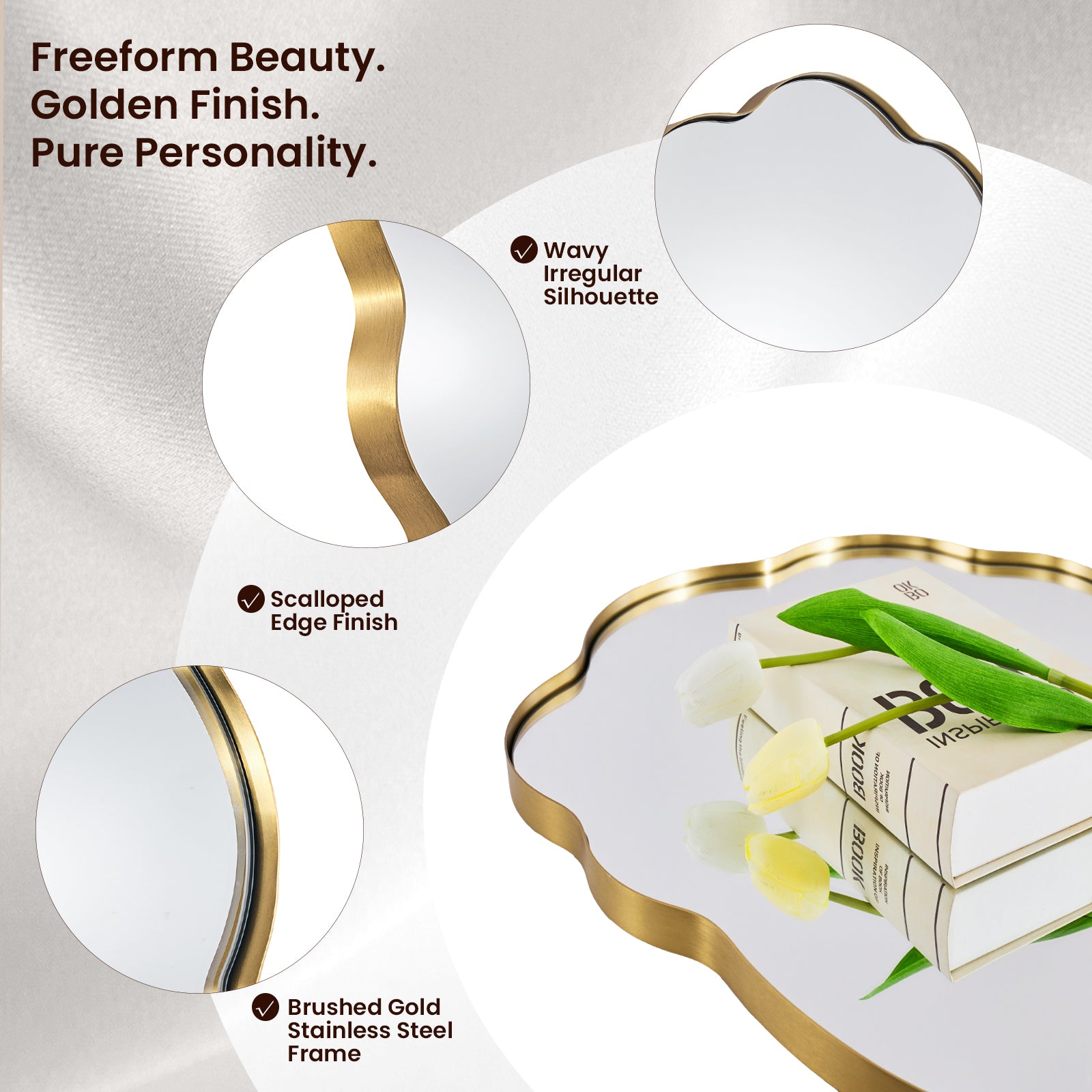 Contemporary Wavy Oval Scalloped Bathroom Vanity Mirror Irregular Decorative Mirror| Stainless Steel Framed