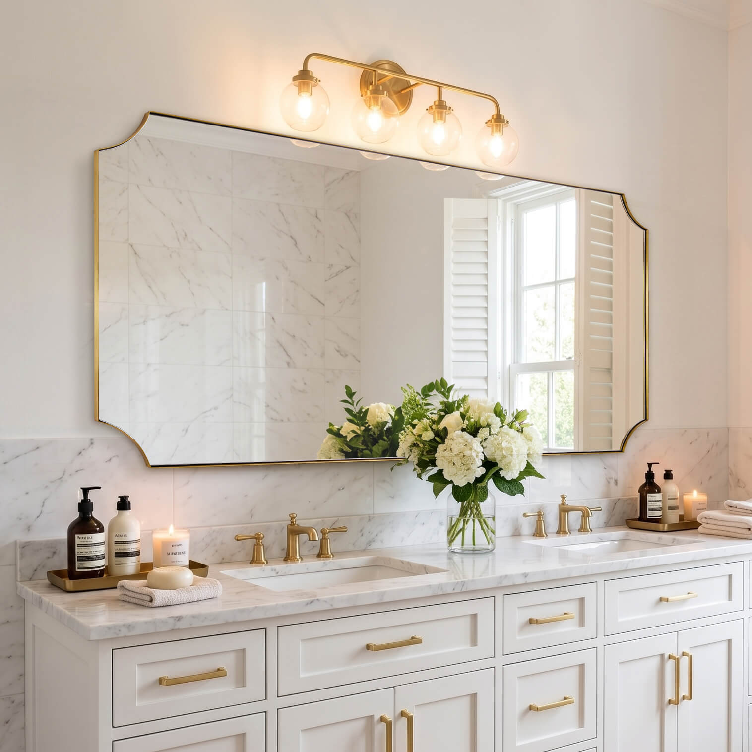 Modern Cut Corner Scalloped Rectangle Bathroom Vanity Mirror | Stainless Steel Frame