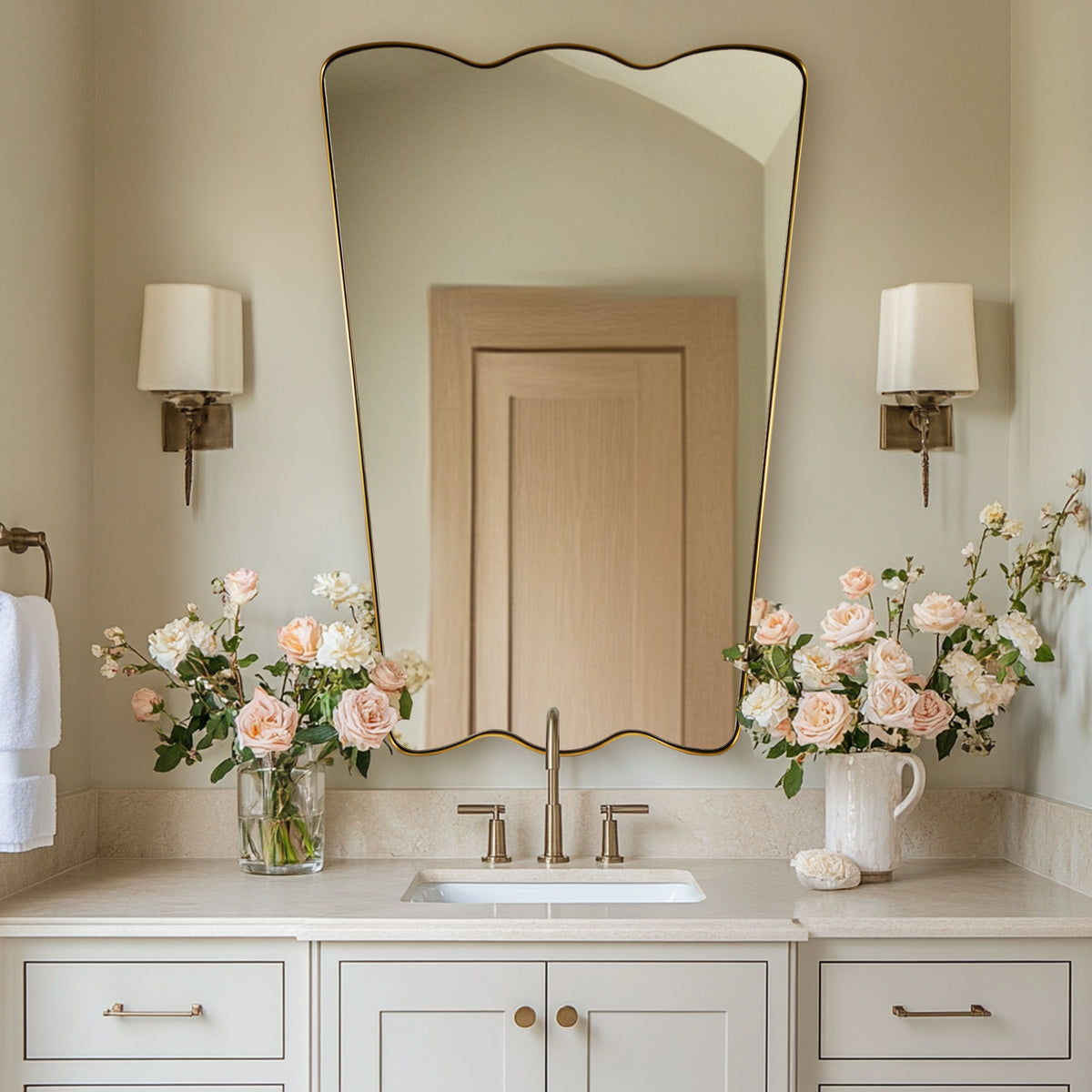 Trapezoidal Wavy Scalloped Bathroom Vanity Mirror | Stainless Steel Framed