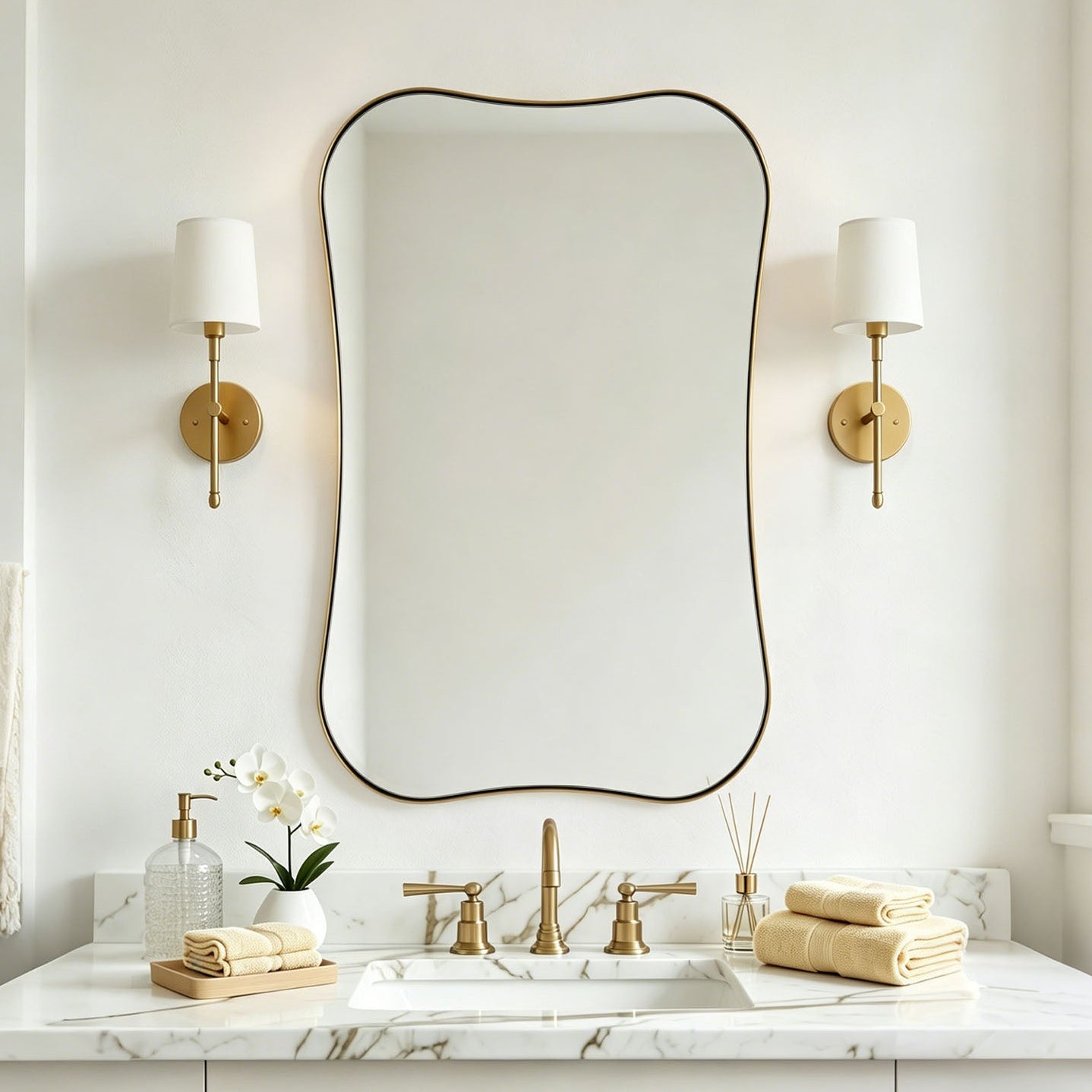 Contemporary Dual Concave Edge Rouded Scalloped Rectangle Wall Mirror | Stainless Steel Frame