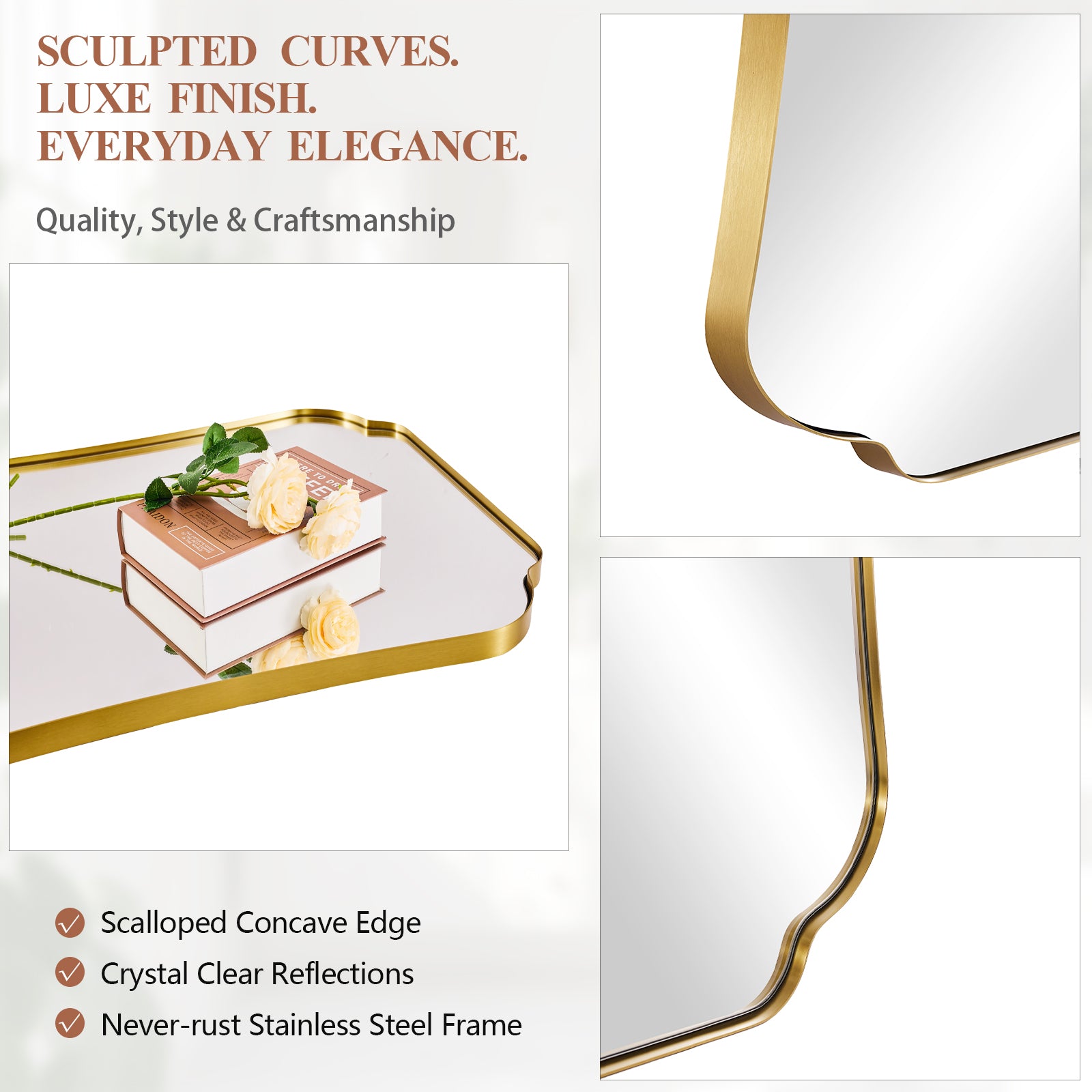 Contemporary Concave Edge Scalloped Bathroom Mirror Decorative | Stainless Steel Frame