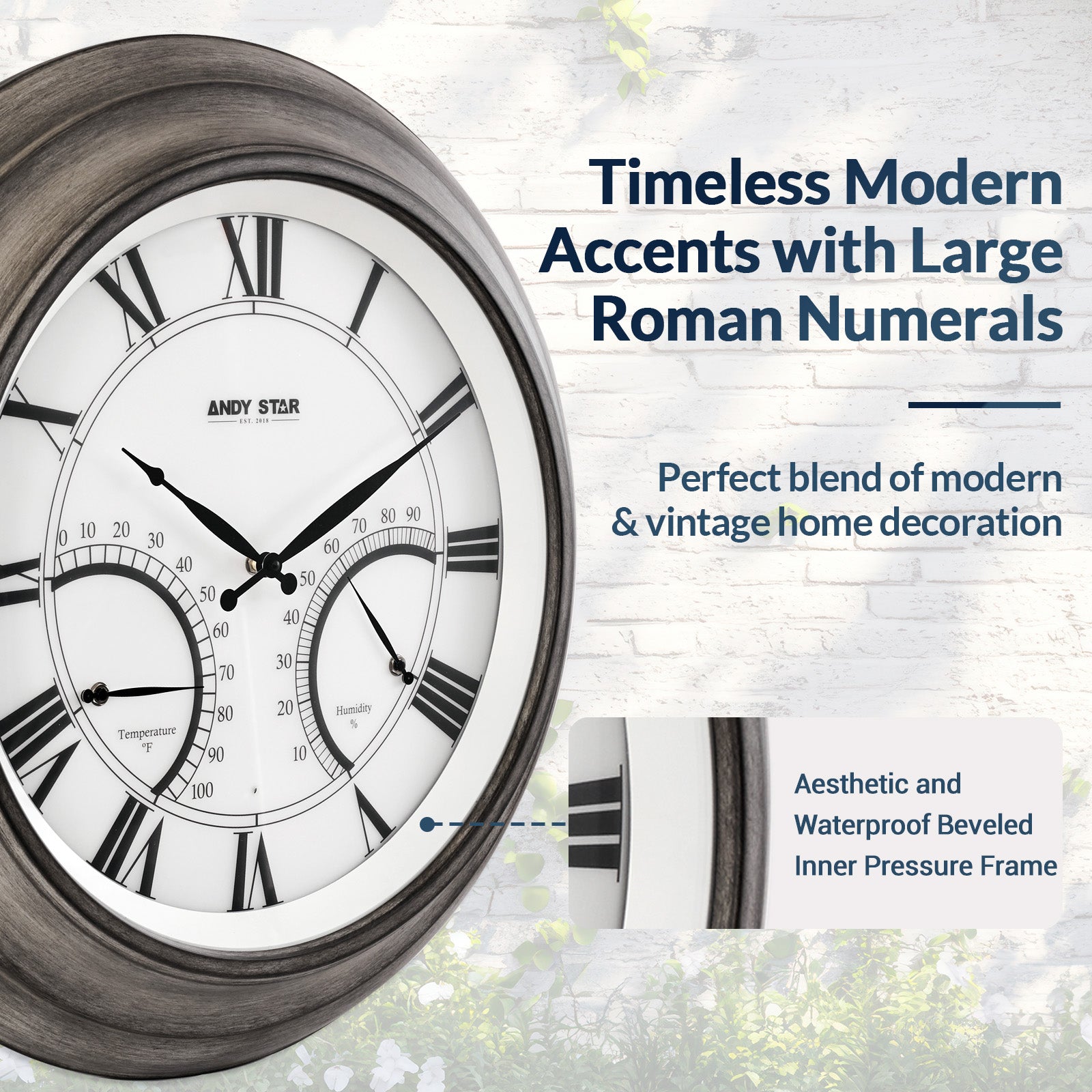 Oak Large Outdoor Wall Clock with Thermometer Waterproof Illuminated,24 Inch