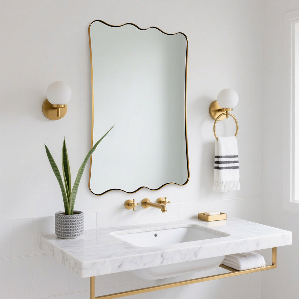 Contemporary Wavy Scalloped Rectangle Mirror Decorative Bathroom Mirror | Stainless Steel Frame