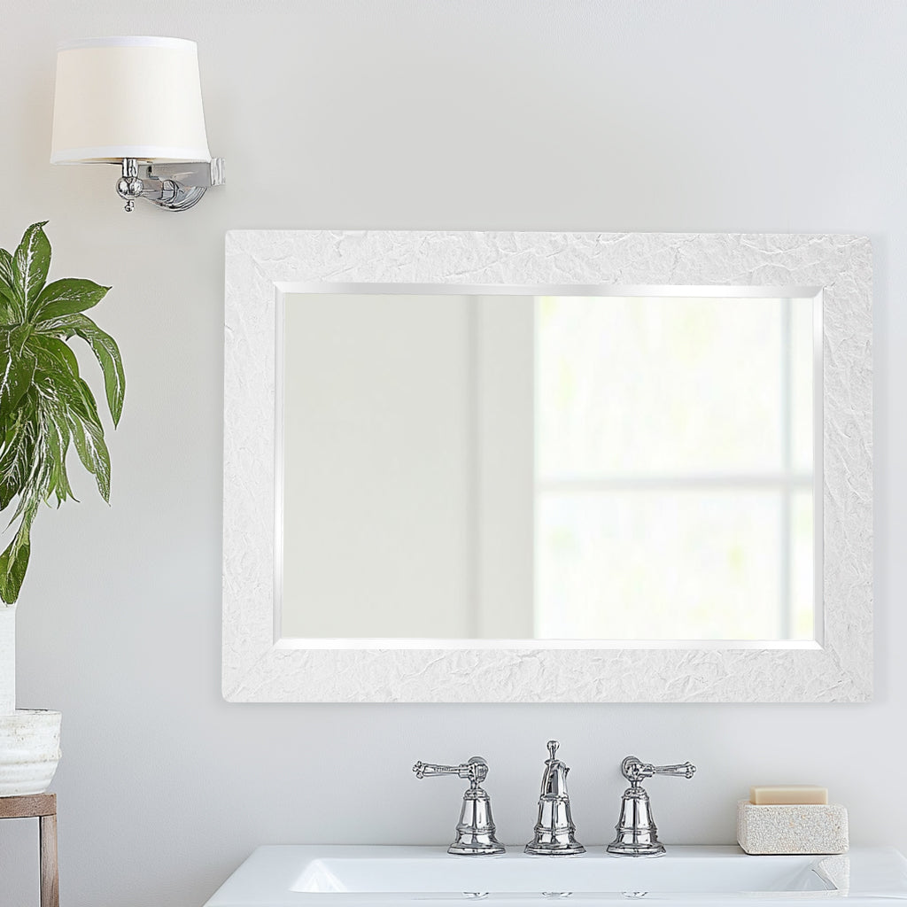 Contemporary White Plaster Thick Framed Rectangle Bathroom Mirror Decorative Beveled Mirror