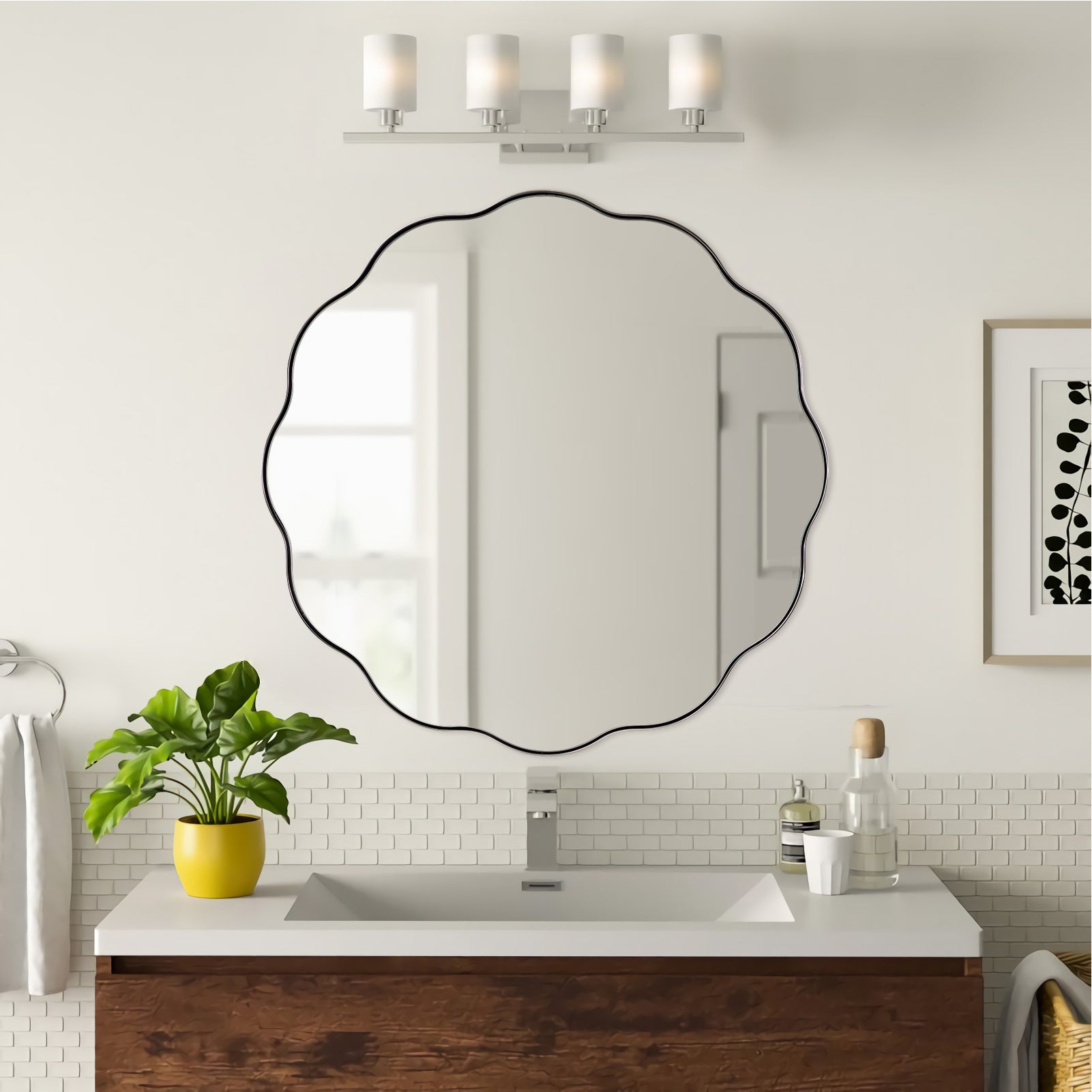 Contemporary Round Wavy Mirror Circle Scalloped Bathroom Vanity Mirror | Stainless Steel Frame