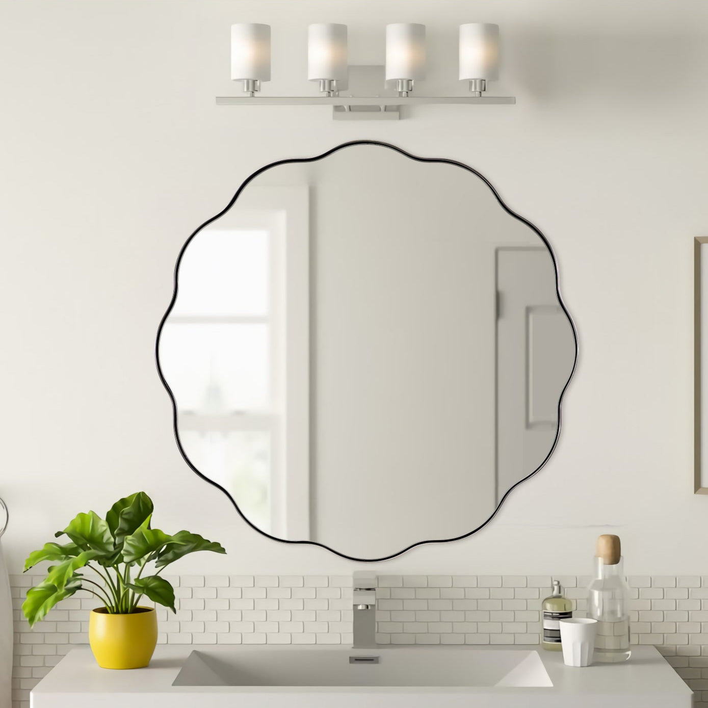 Contemporary Round Scalloped Mirror Wavy Circle Bathroom Vanity Mirror | Stainless Steel Frame