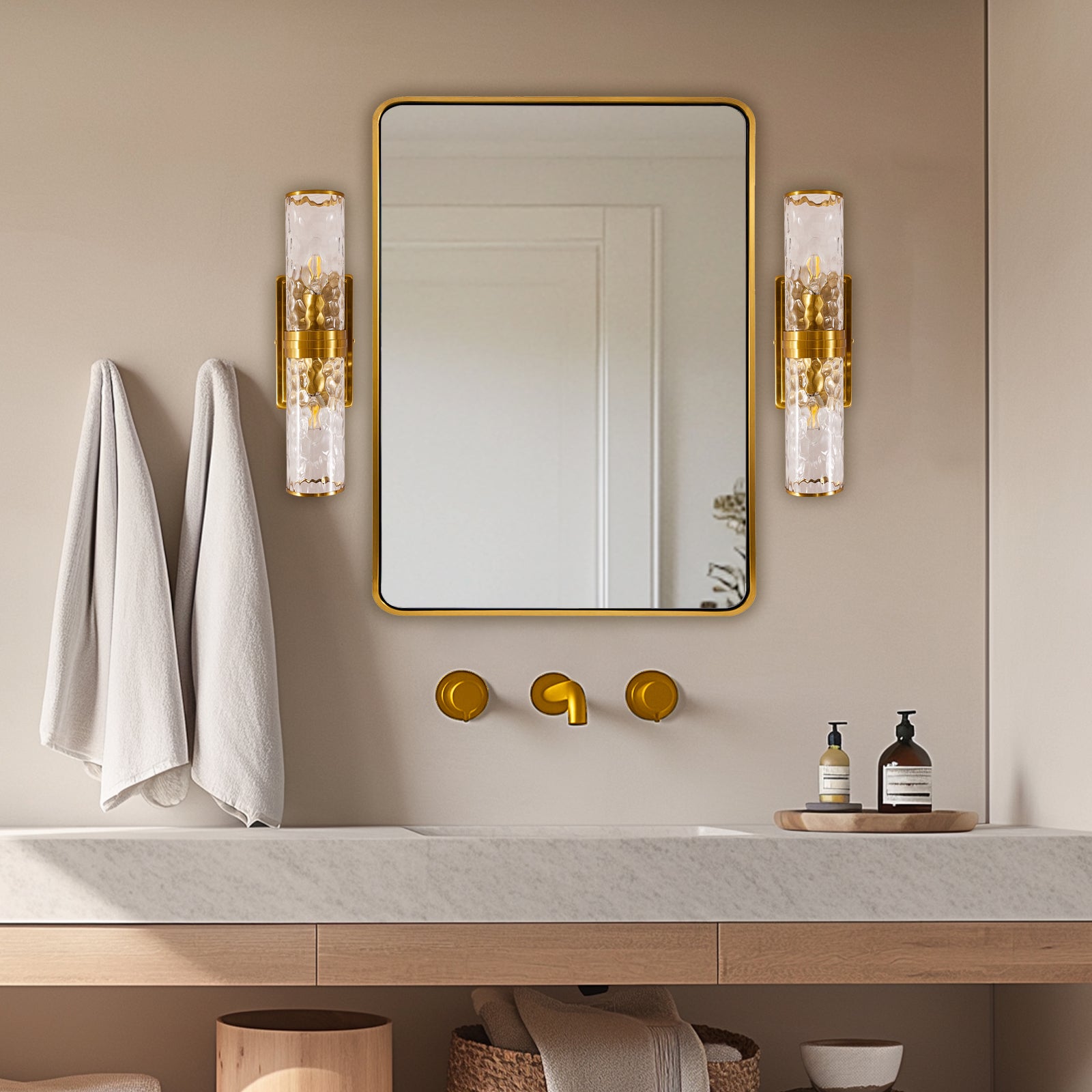 Elegant Hammer Glass Double-Cylinder Shade Wall Sconce Bathroom Light Fixture