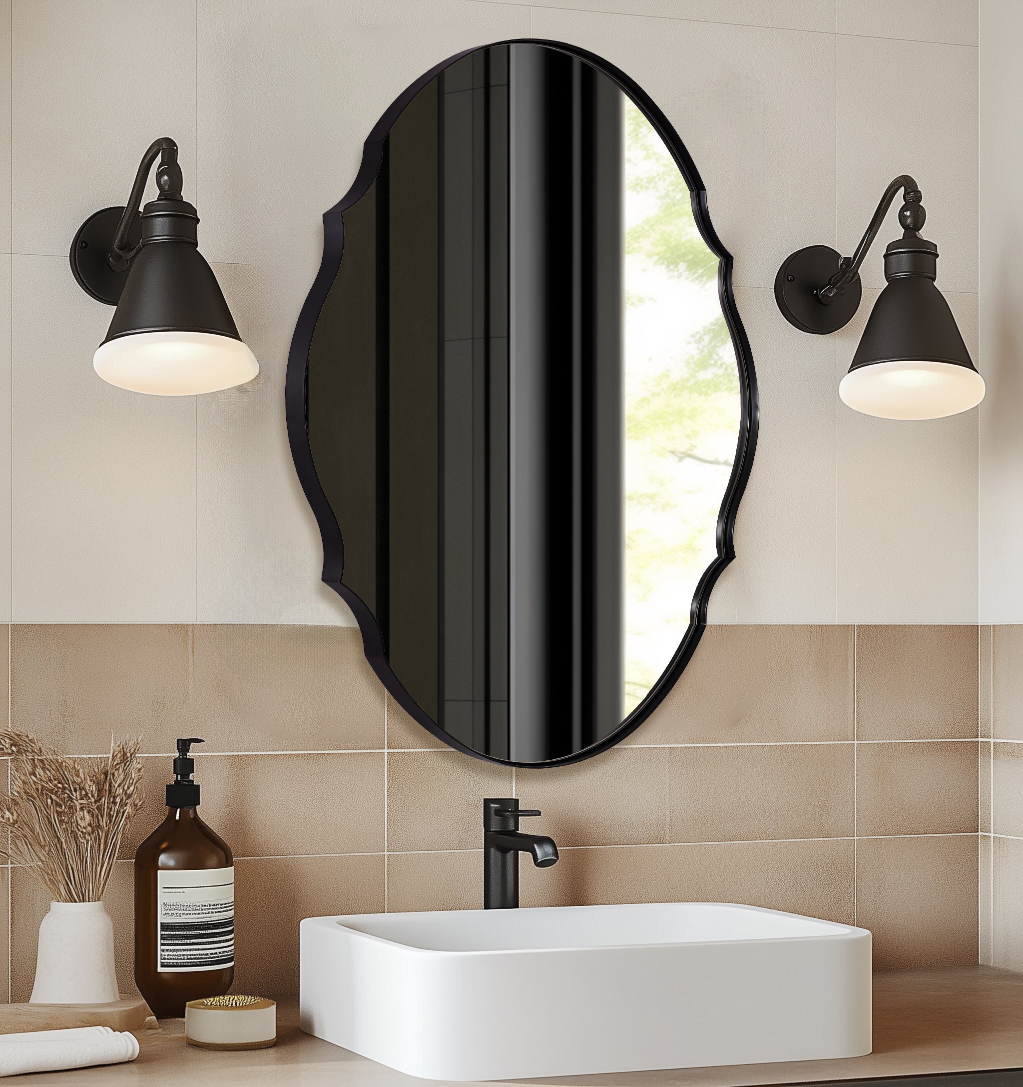 Contemporary Oval Scalloped Wall Mirror Irregular Bathroom Vanity Mirror| Stainless Steel Frame