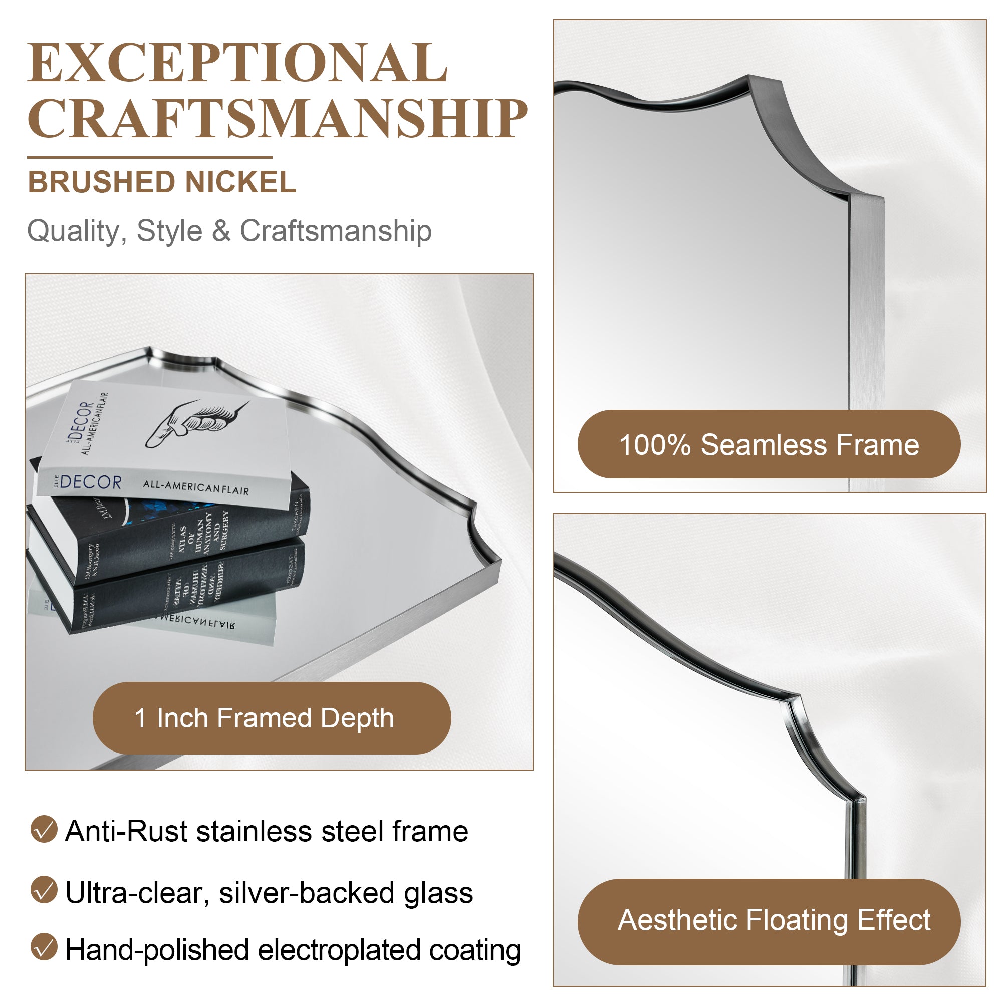 Traditional Rectangle Scalloped Wall Mirror for Bathroom | Stainless Steel Frame