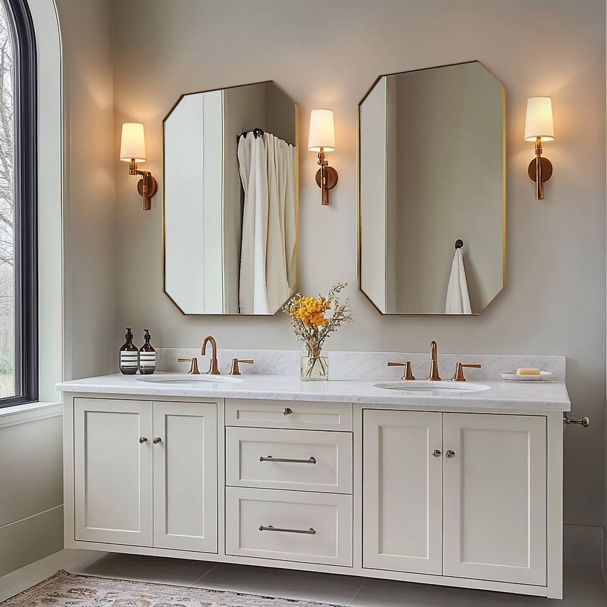 Contemporary Cut Corner Octagonal Scalloped Rectangle Mirror for Bathroom  |Stainless Steel Frame