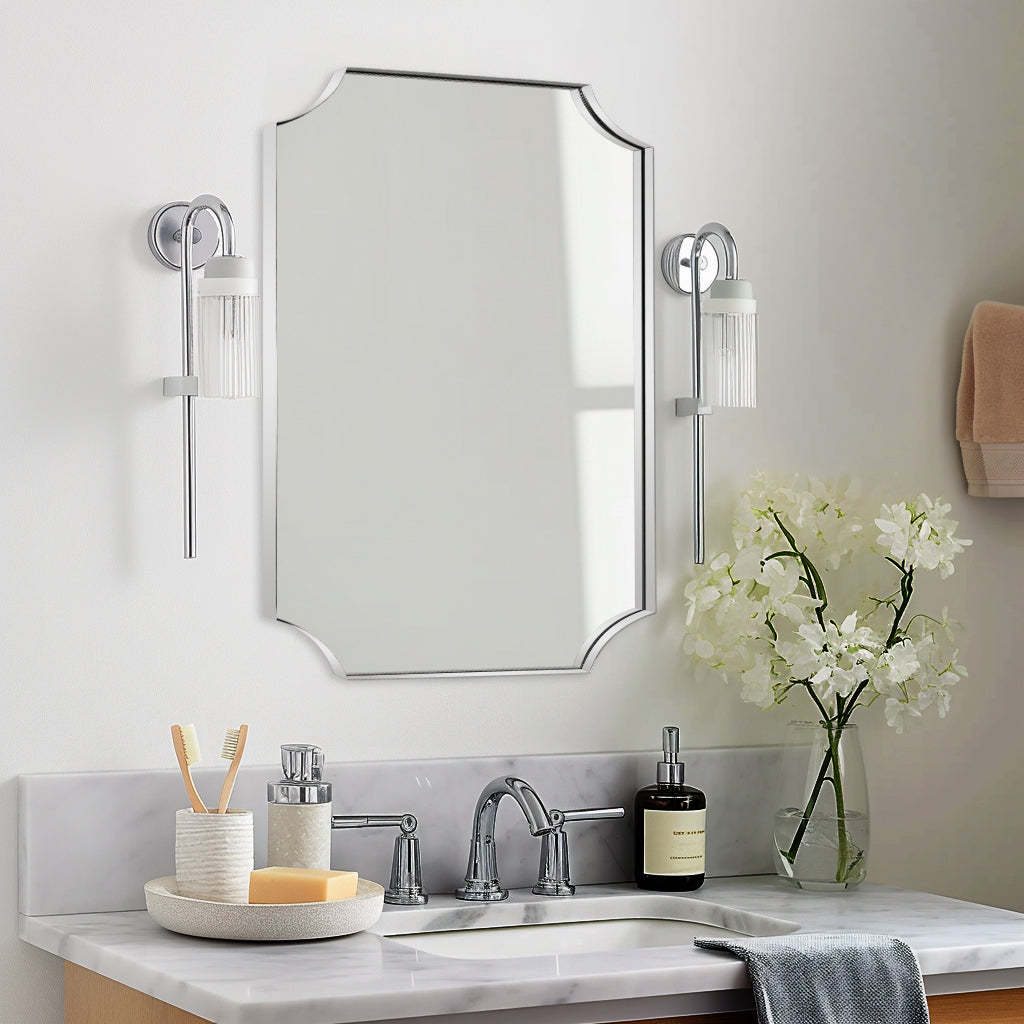 Contemporary Rounded Notched Corner Scalloped Rectangle Bathroom Vanity Mirror | Stainless Steel Frame