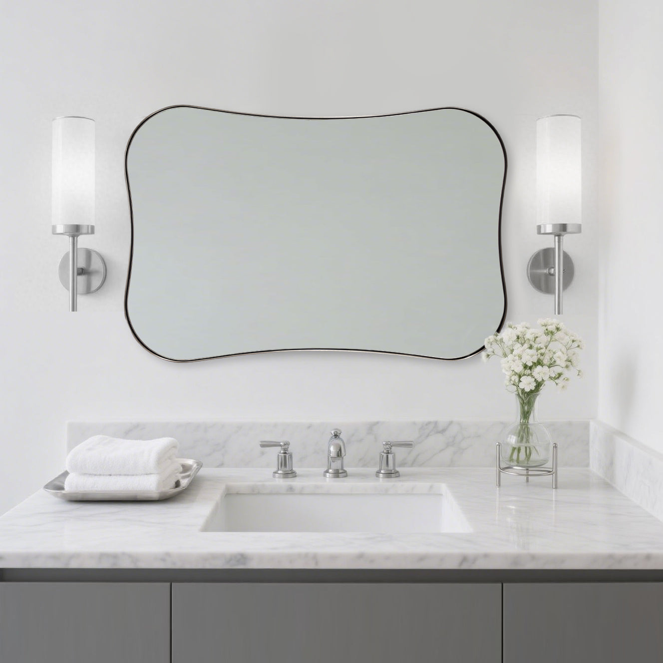Contemporary Dual Concave Edge Rouded Scalloped Rectangle Wall Mirror | Stainless Steel Frame