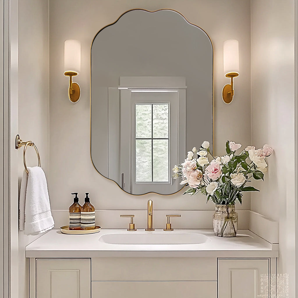 Contemporary Pill Shaped Long Oval Scalloped Bathroom Vanity Wall Mirror| Stainless Steel Framed