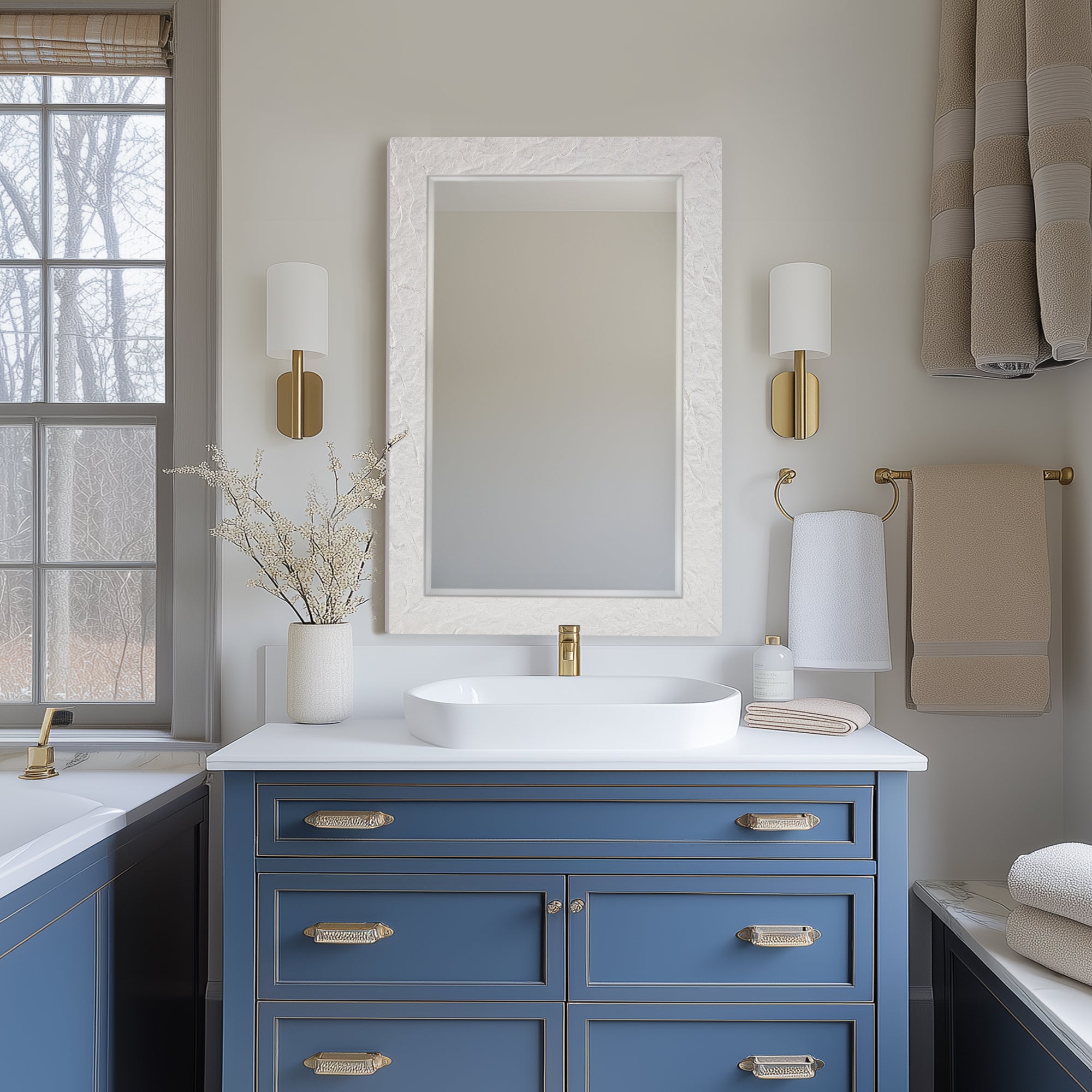 Contemporary White Plaster Thick Framed Rectangle Bathroom Mirror Decorative Beveled Mirror