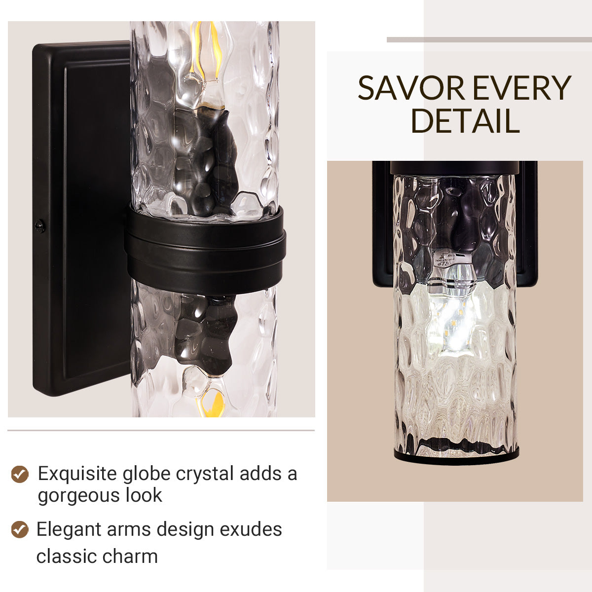 Elegant Hammer Glass Double-Cylinder Shade Wall Sconce Bathroom Light Fixture
