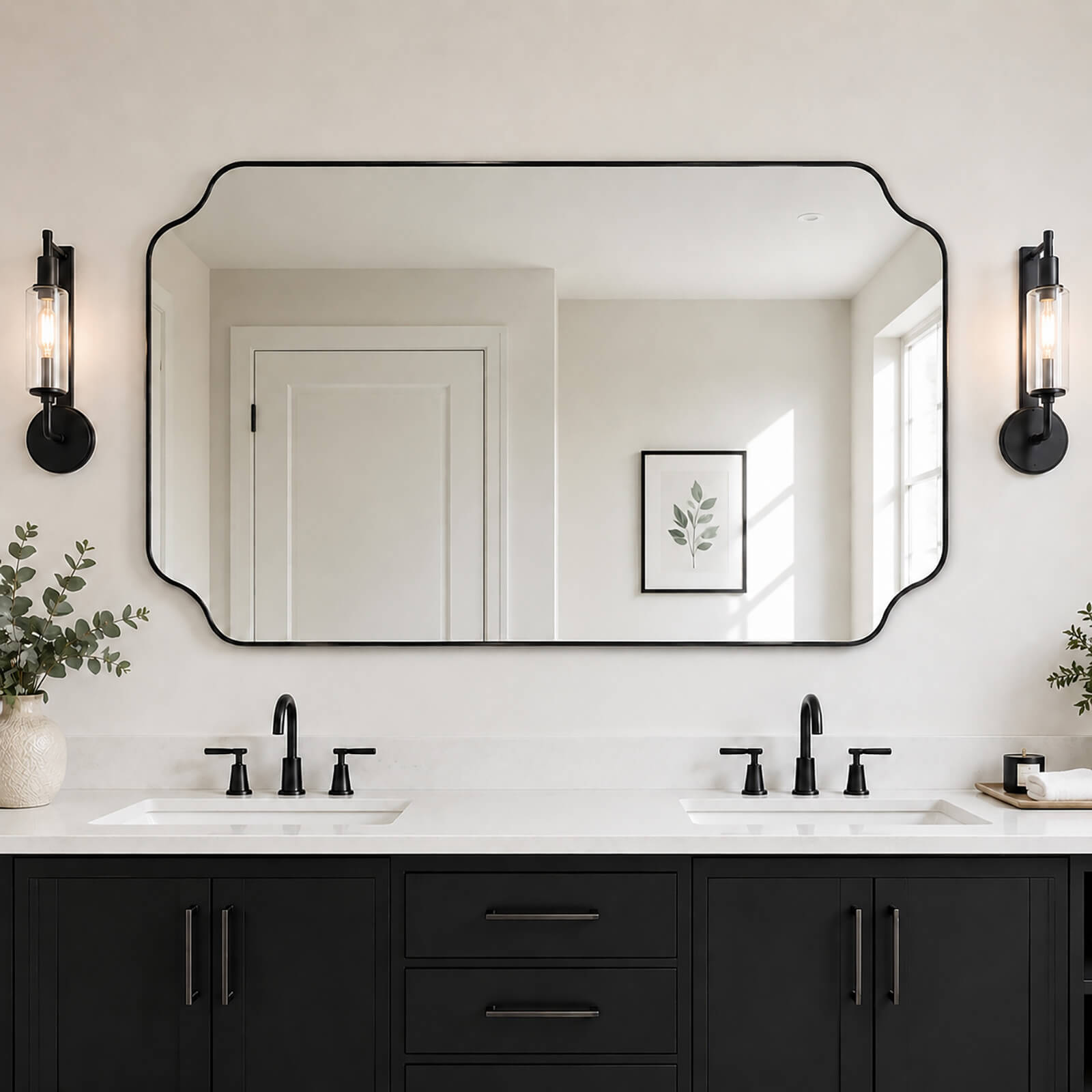 Modern Cut Corner Rectangle Scalloped Mirror for Wall /Bathroom | Stainless Steel Frame