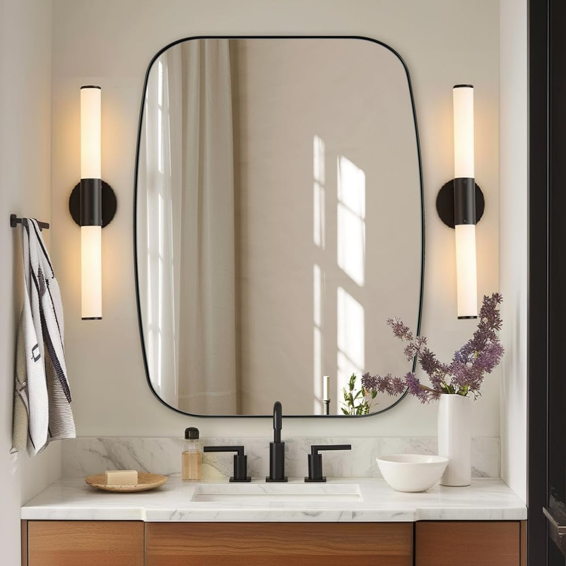Modern Oblong Bathroom Mirror Long Oval Mirror | Stainless Steel Frame