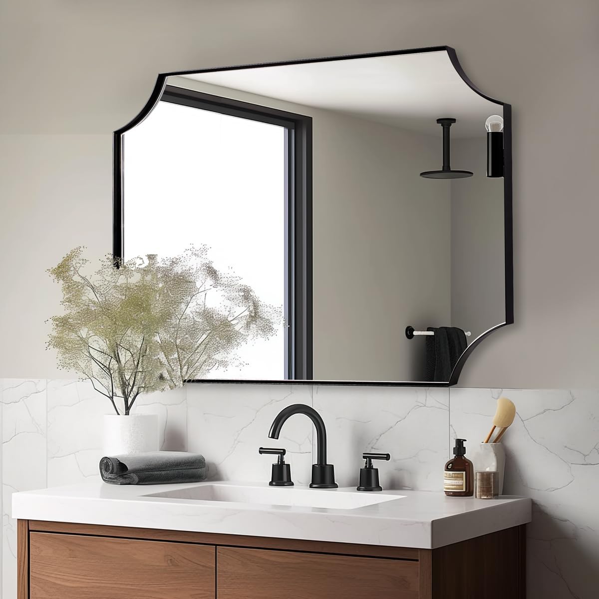 Contemporary Rounded Notched Corner Scalloped Rectangle Bathroom Vanity Mirror | Stainless Steel Frame