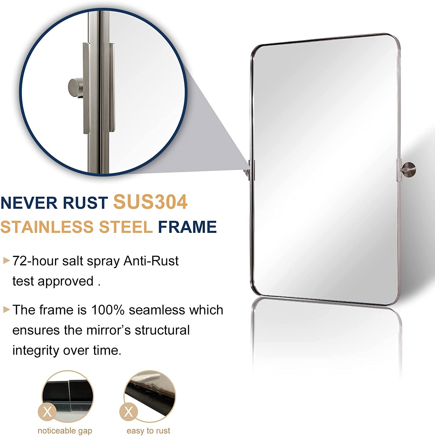 Tilting Rectangular Pivot Mirror for Bathroom/Vanity | Stainless Steel Frame