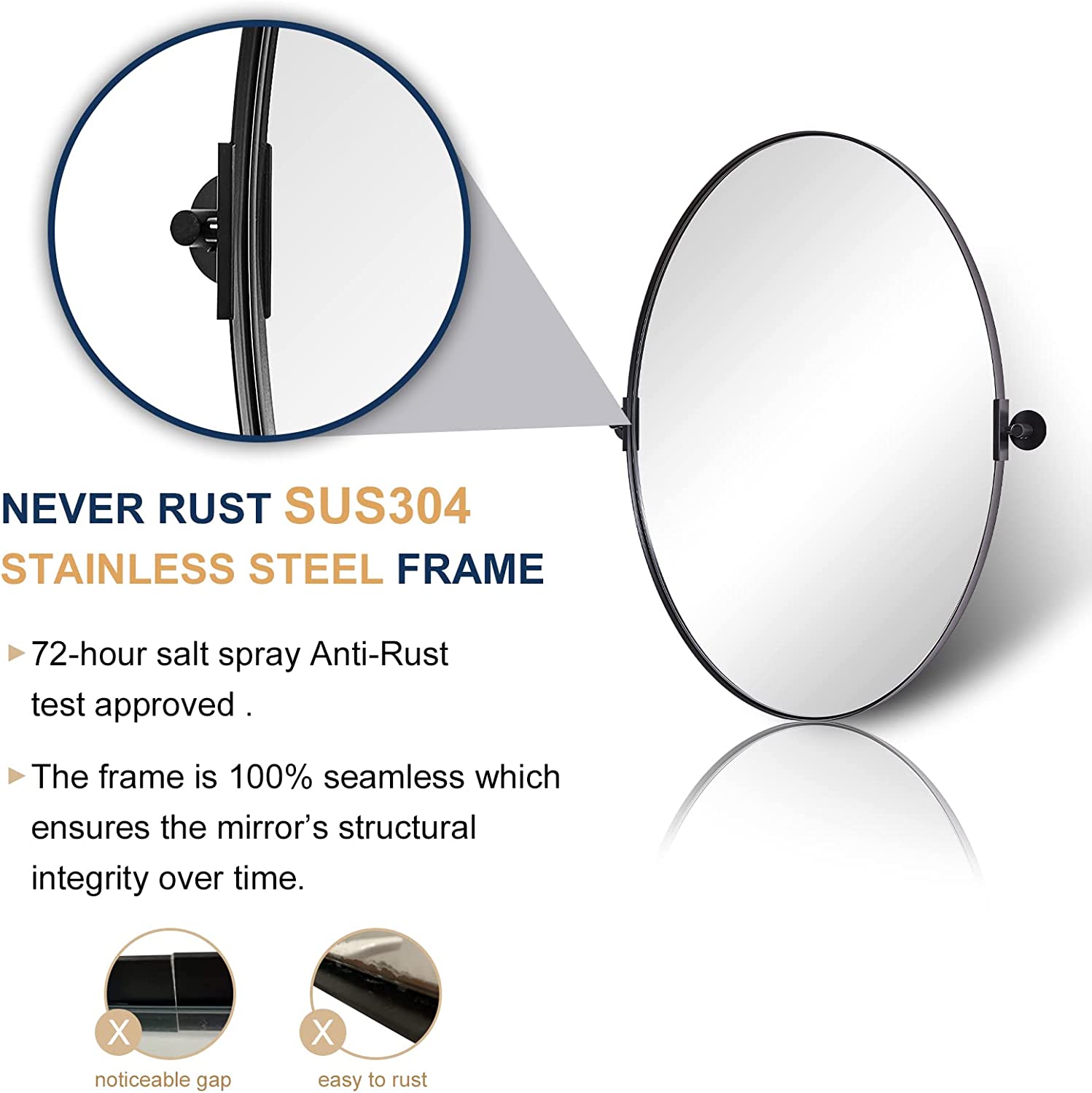 Oval Pivot Mirrors Adjustable Tilting Angle Floating Bathroom Mirror| Stainless Steel Framed