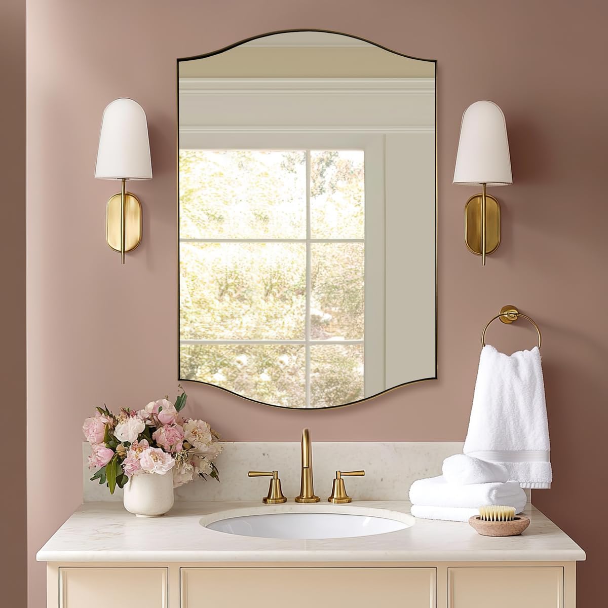 Dual Curve Arch Rectangular Scalloped Bathroom Wall Mirror |Stainless Steel Framed