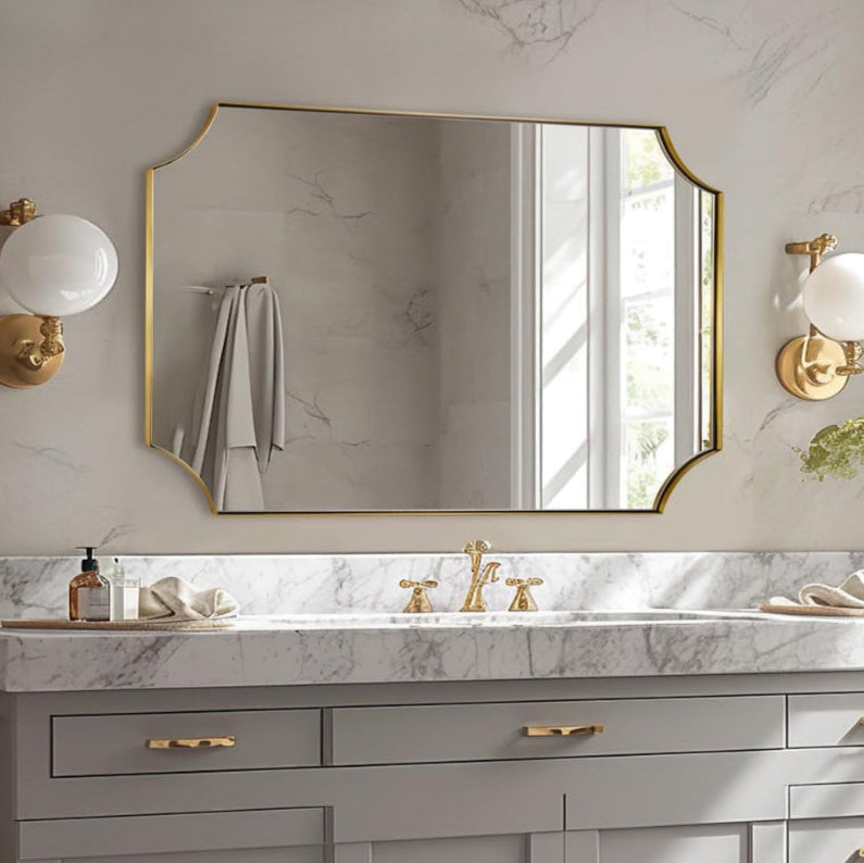 Contemporary Rounded Notched Corner Scalloped Rectangle Bathroom Vanity Mirror | Stainless Steel Frame