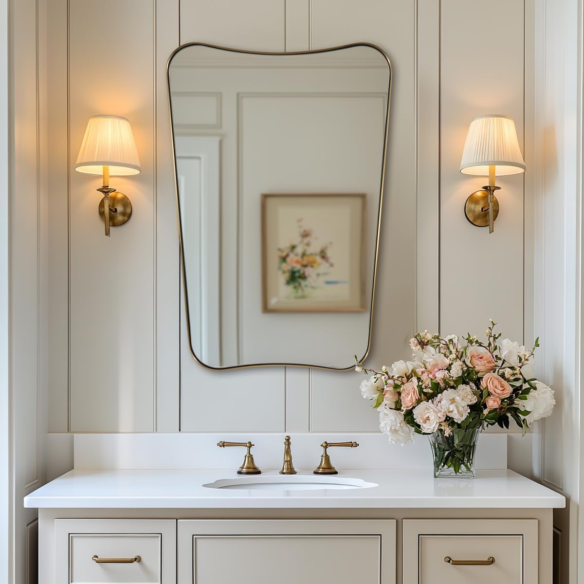 Antique Concave Top Rectangle Scalloped Decor Bathroom Mirror |Stainless Steel Frame
