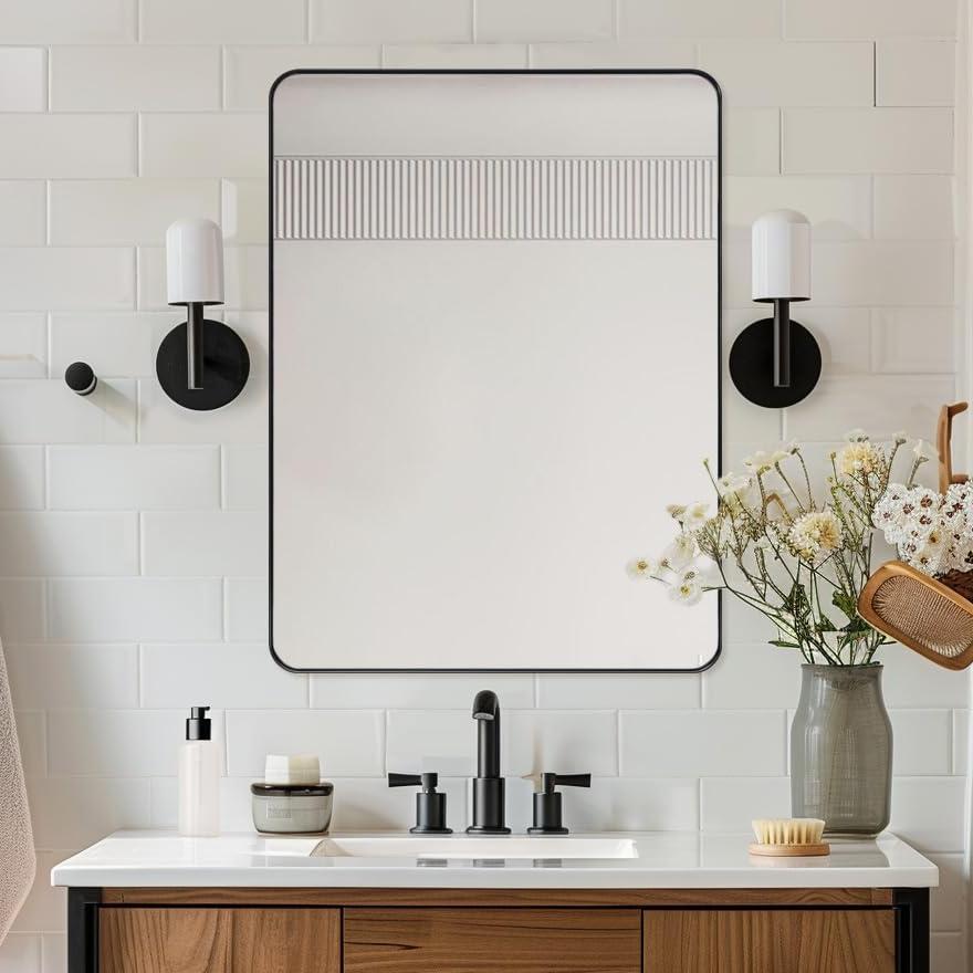 Open Box Like New : Modern Rounded Rectangle Mirror for Bathroom/ Vanity/ Wall | Stainless Steel Frame