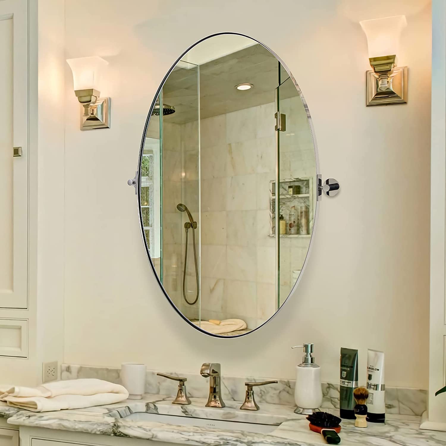 Oval Pivot Mirrors Adjustable Tilting Angle Floating Bathroom Mirror| Stainless Steel Framed