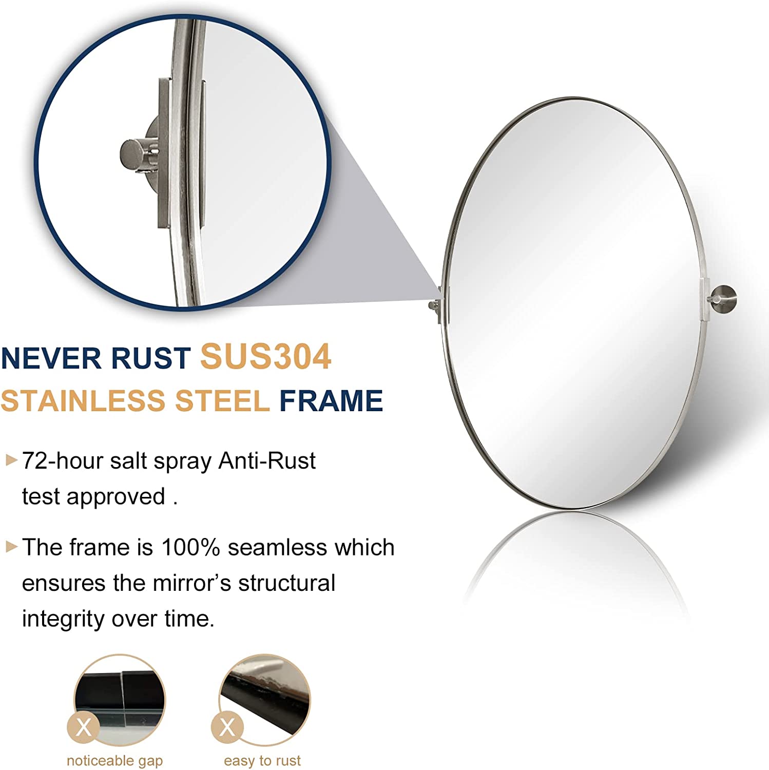 Oval Pivot Mirrors Adjustable Tilting Angle Floating Bathroom Mirror| Stainless Steel Framed