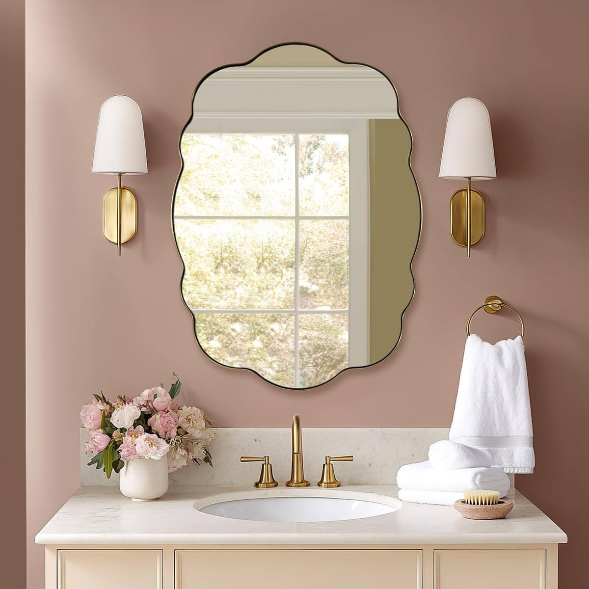 Open Box Like New:Contemporary Wavy Oval Scalloped Bathroom Vanity Mirror | Stainless Steel Framed