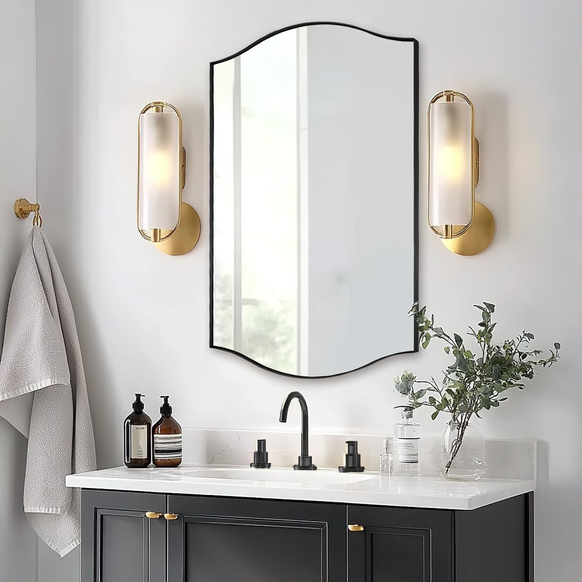 Dual Curve Arch Rectangular Scalloped Bathroom Wall Mirror |Stainless Steel Framed