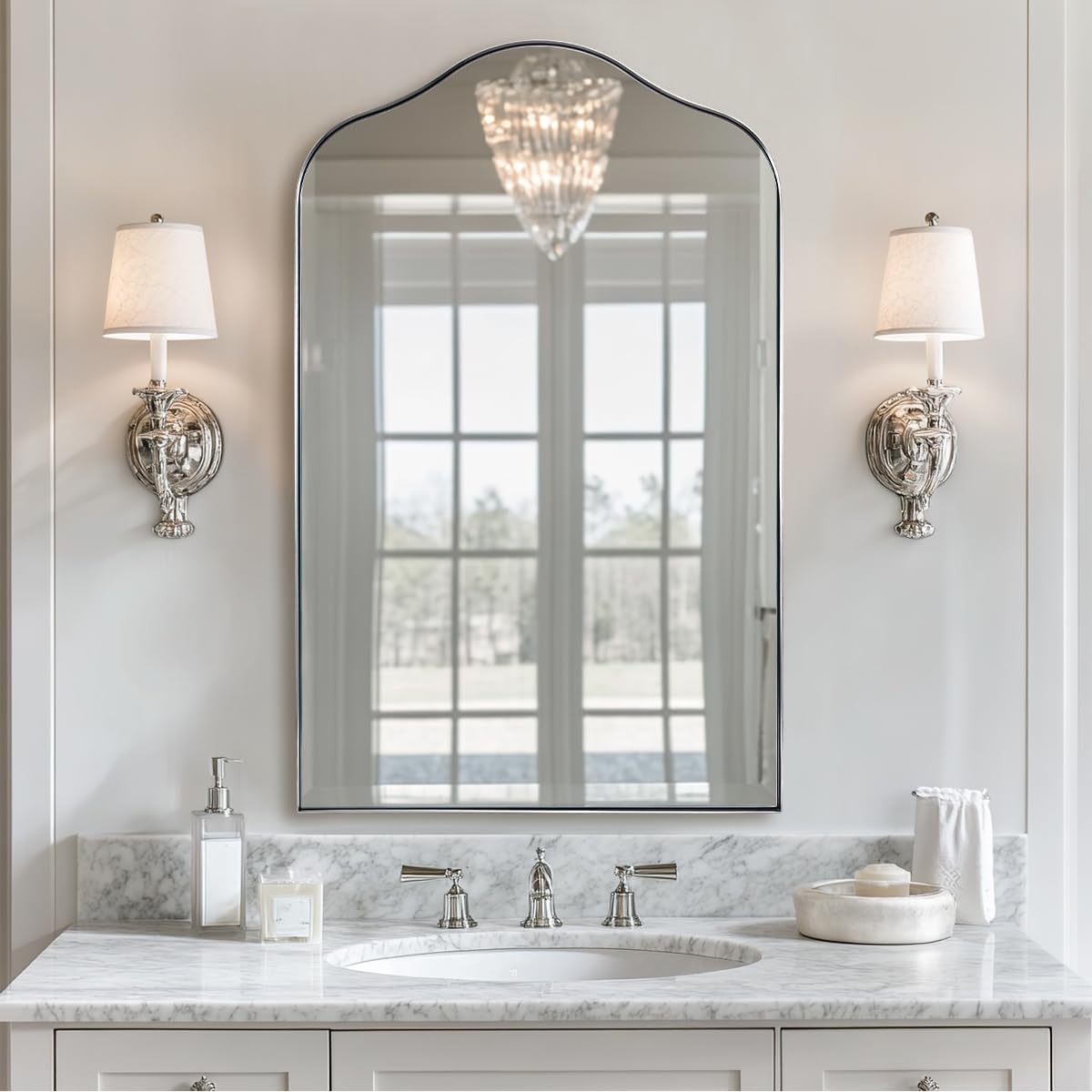 Contemporary Arch Top Curved Arched Bathroom Vanity Mirror | Stainless Steel Frame