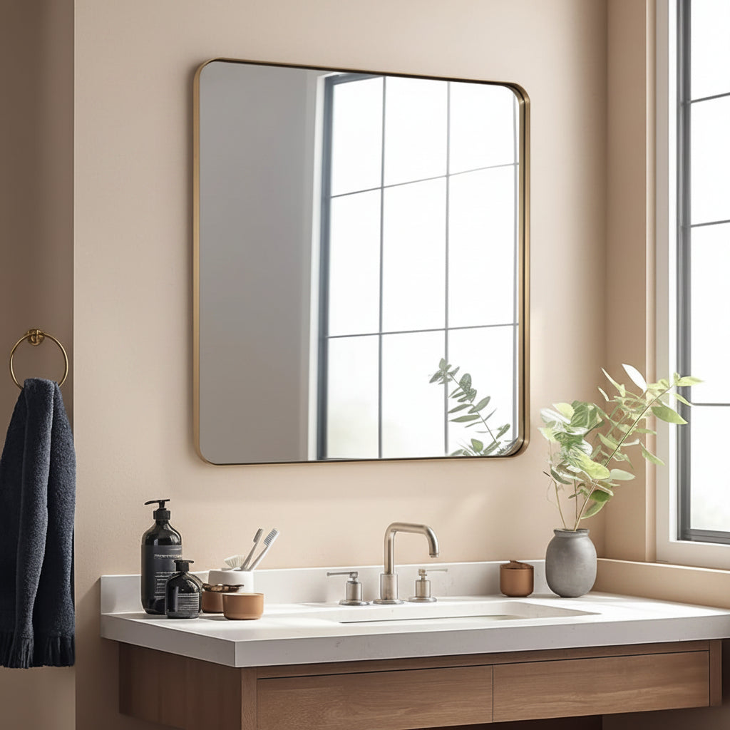 Modern Rounded Rectangle Mirror for Bathroom/ Vanity/ Wall | Stainless Steel Frame