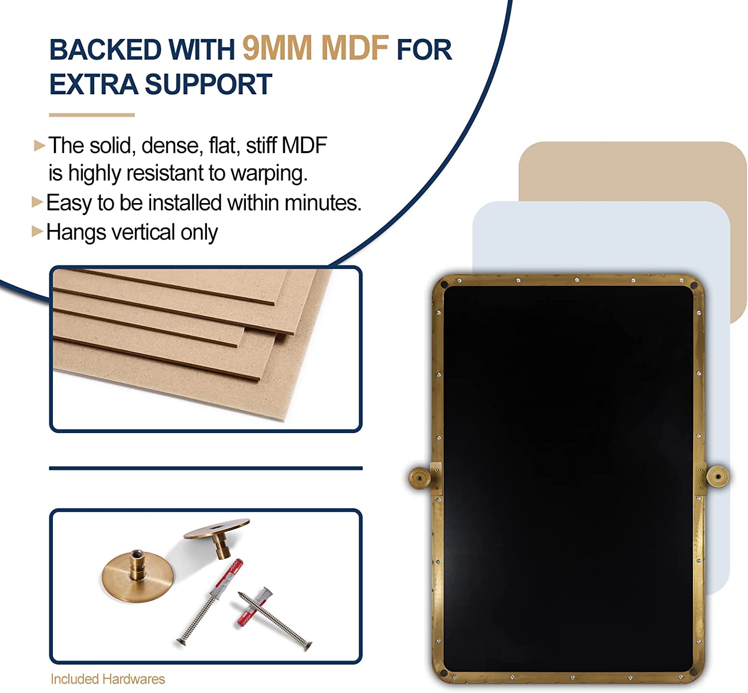 MOON MIRROR Modern Gold Tilting Rectangle Pivot Mirrors for Bathroom with Stainless Steel Frame