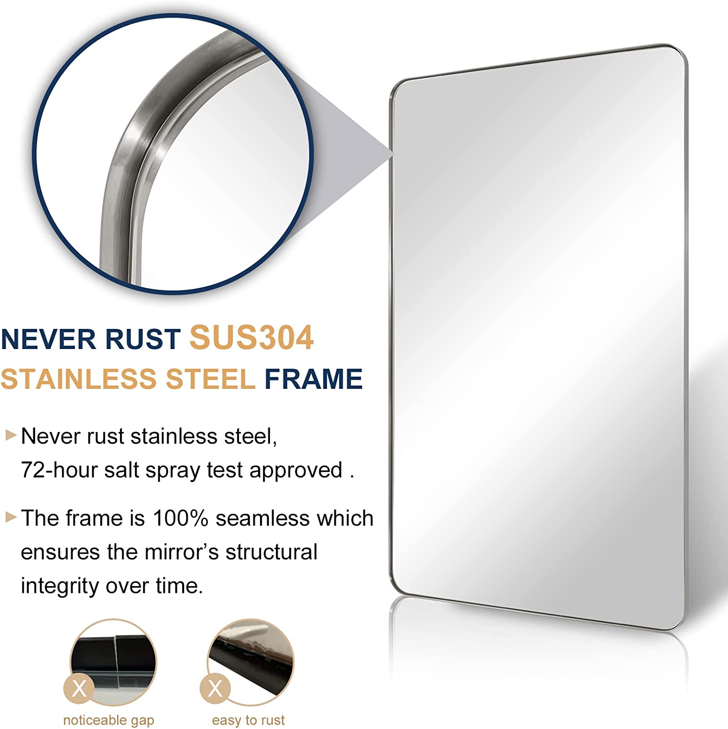 Open Box Like New : Modern Rounded Rectangle Mirror for Bathroom/ Vanity/ Wall | Stainless Steel Frame