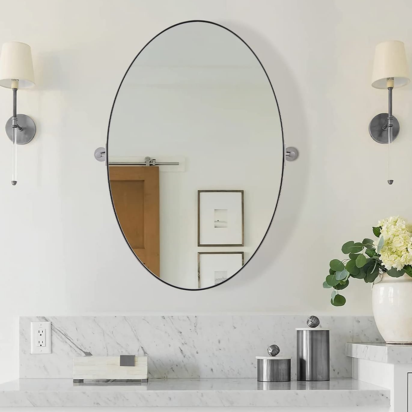 Oval Pivot Mirrors Adjustable Tilting Angle Floating Bathroom Mirror| Stainless Steel Framed